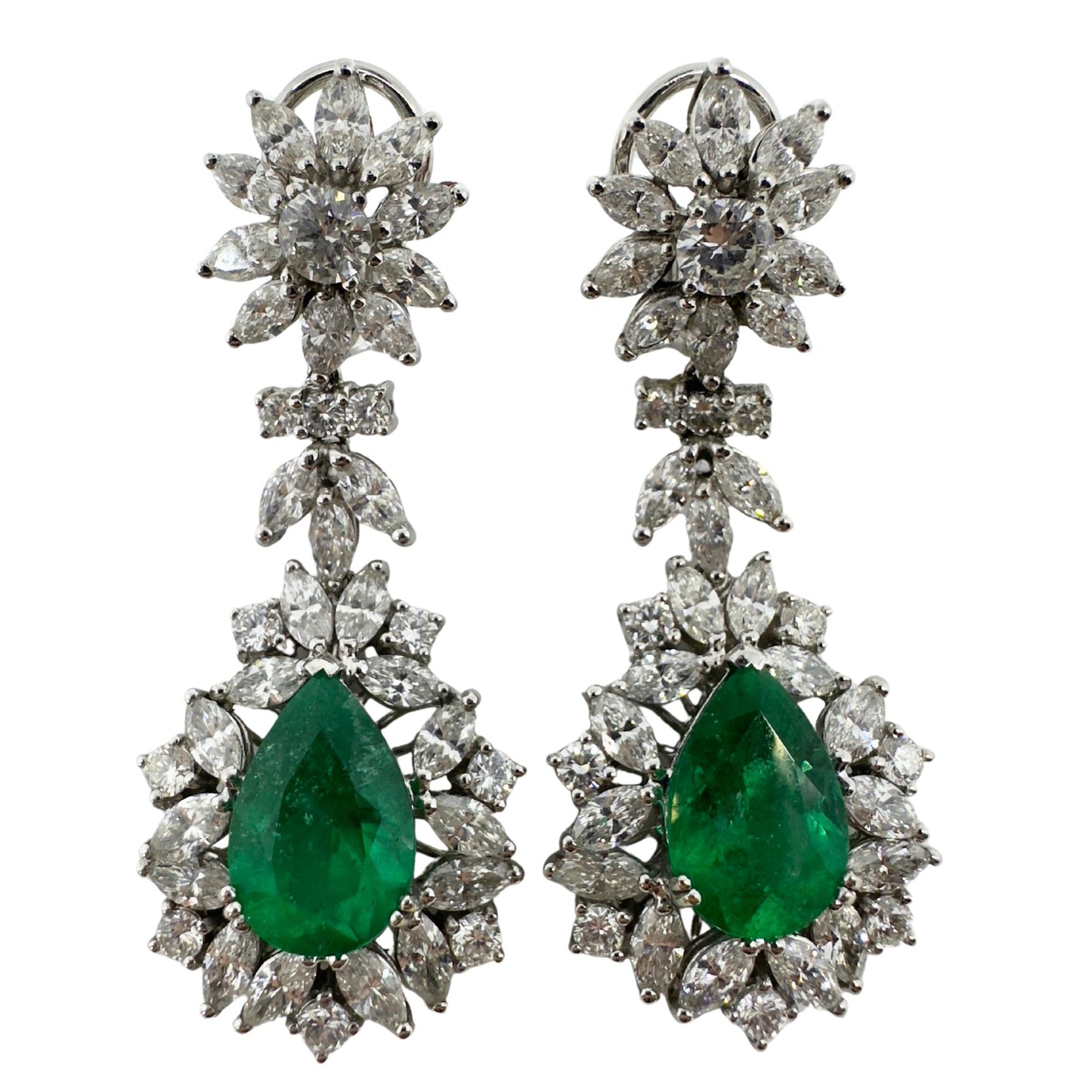 18K White Gold Marquise Cut Diamond and Pear Cut Emerald Drop Earrings