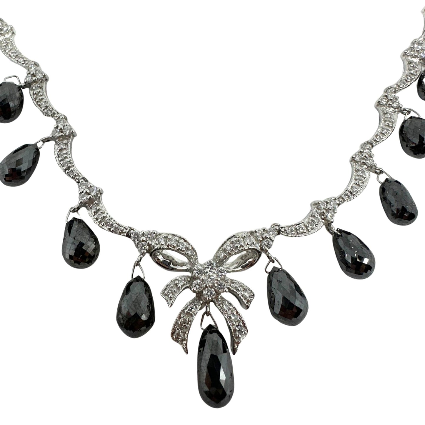 18K White Gold White Diamond and Briolette Black Diamond Bow Necklace