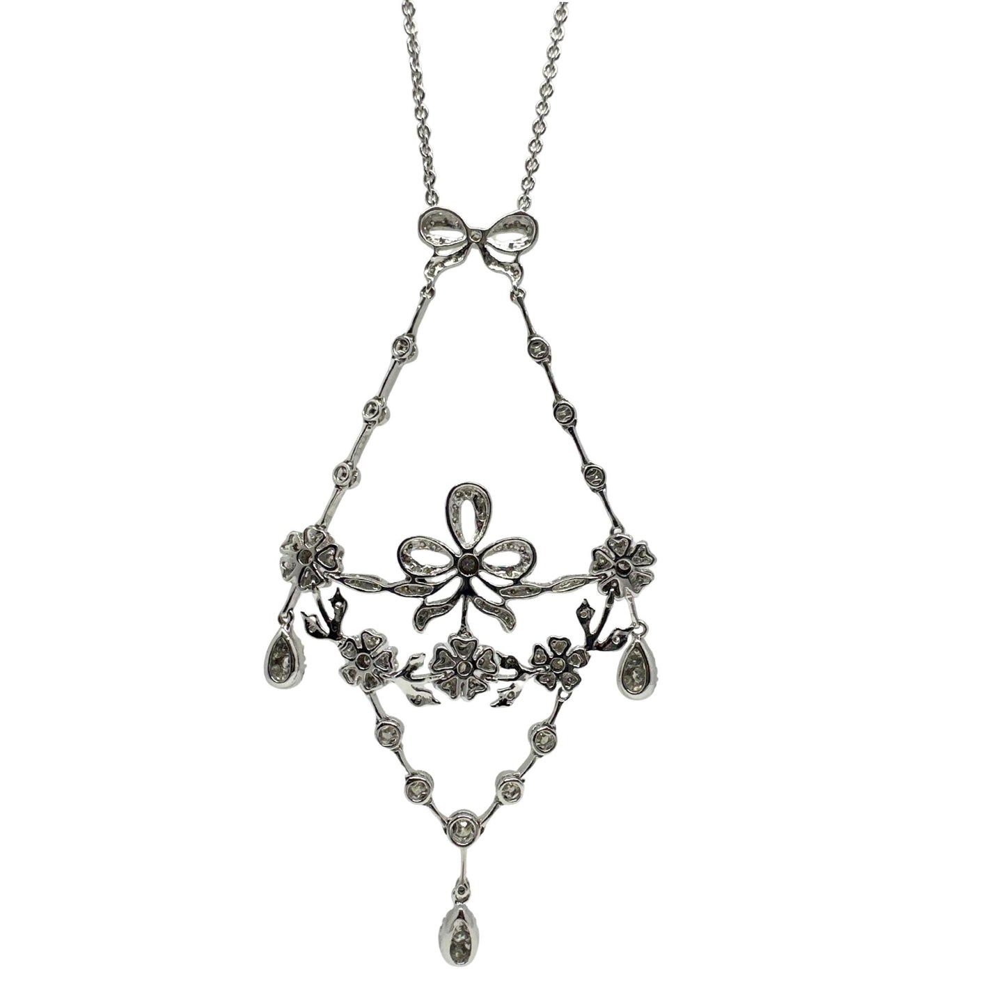 18K White Gold Diamond Bow and Floral Necklace