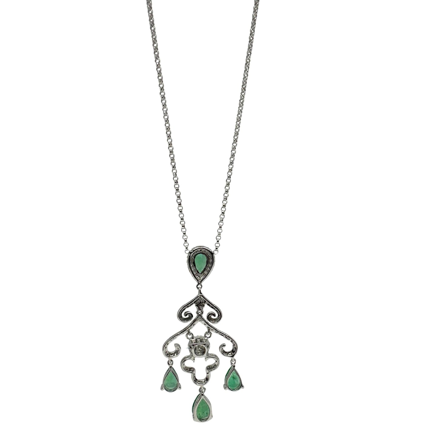 18K White Gold Diamond and Emerald Pendant Necklace