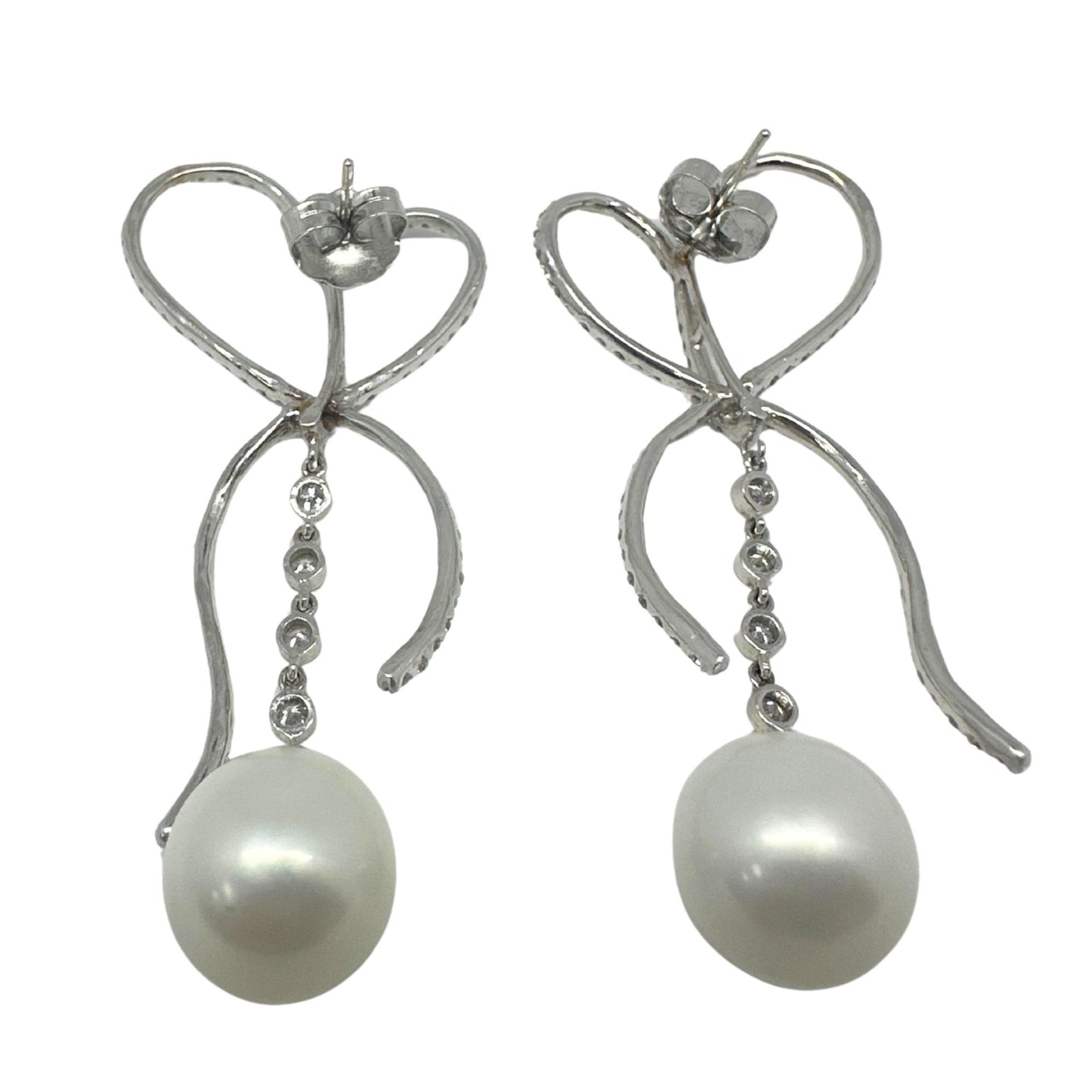 18K White Gold Diamond and Pearl Bow Earrings