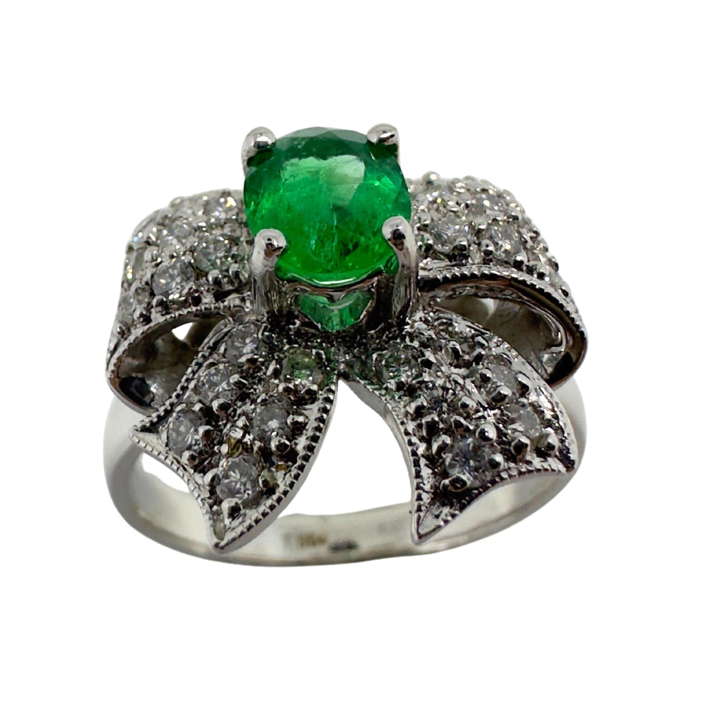18K White Gold Diamond & Emerald Bow Ring
