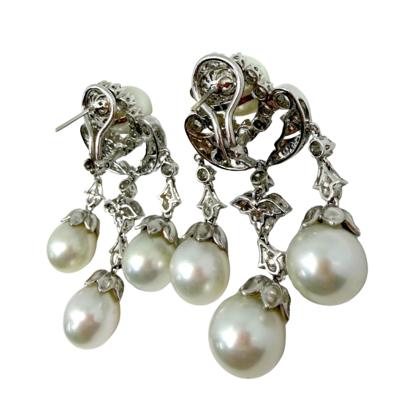 18K White Gold Edwardian Inspired Diamond and Pearl Chandelier Earrings