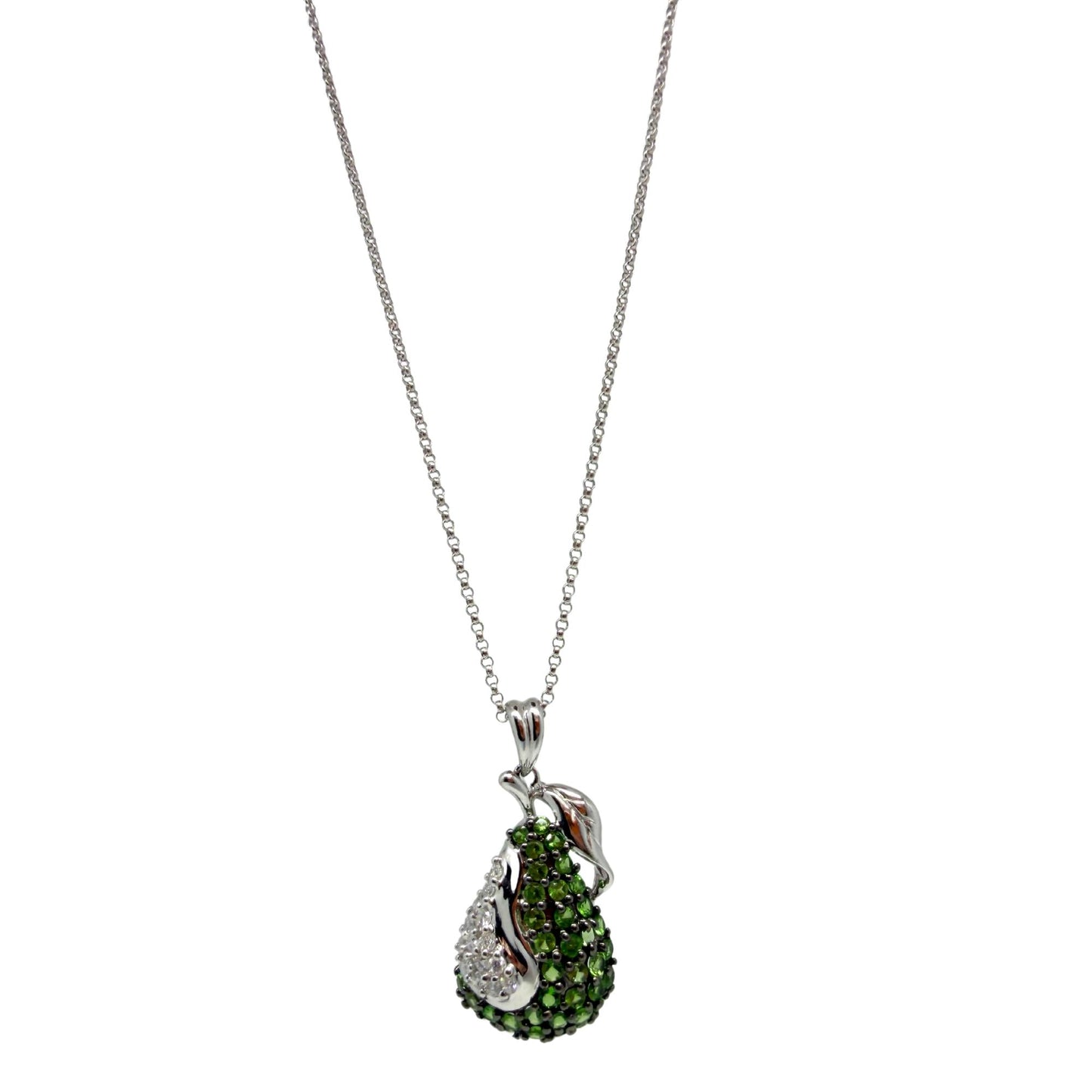 18K White Gold Diamond and Green Garnet Apple Pendant Necklace