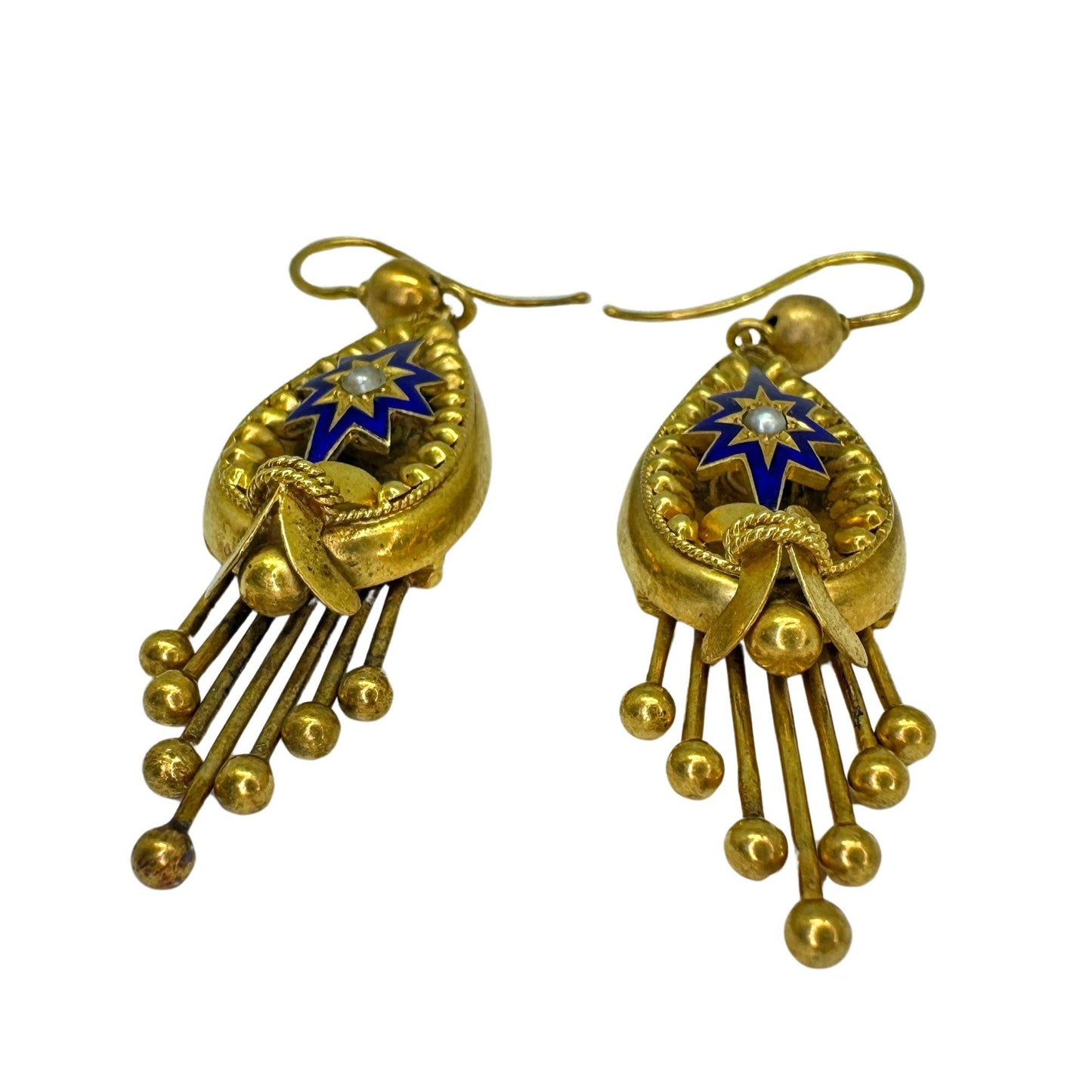 14k Victorian Pearl and Enamel Drop Earrings