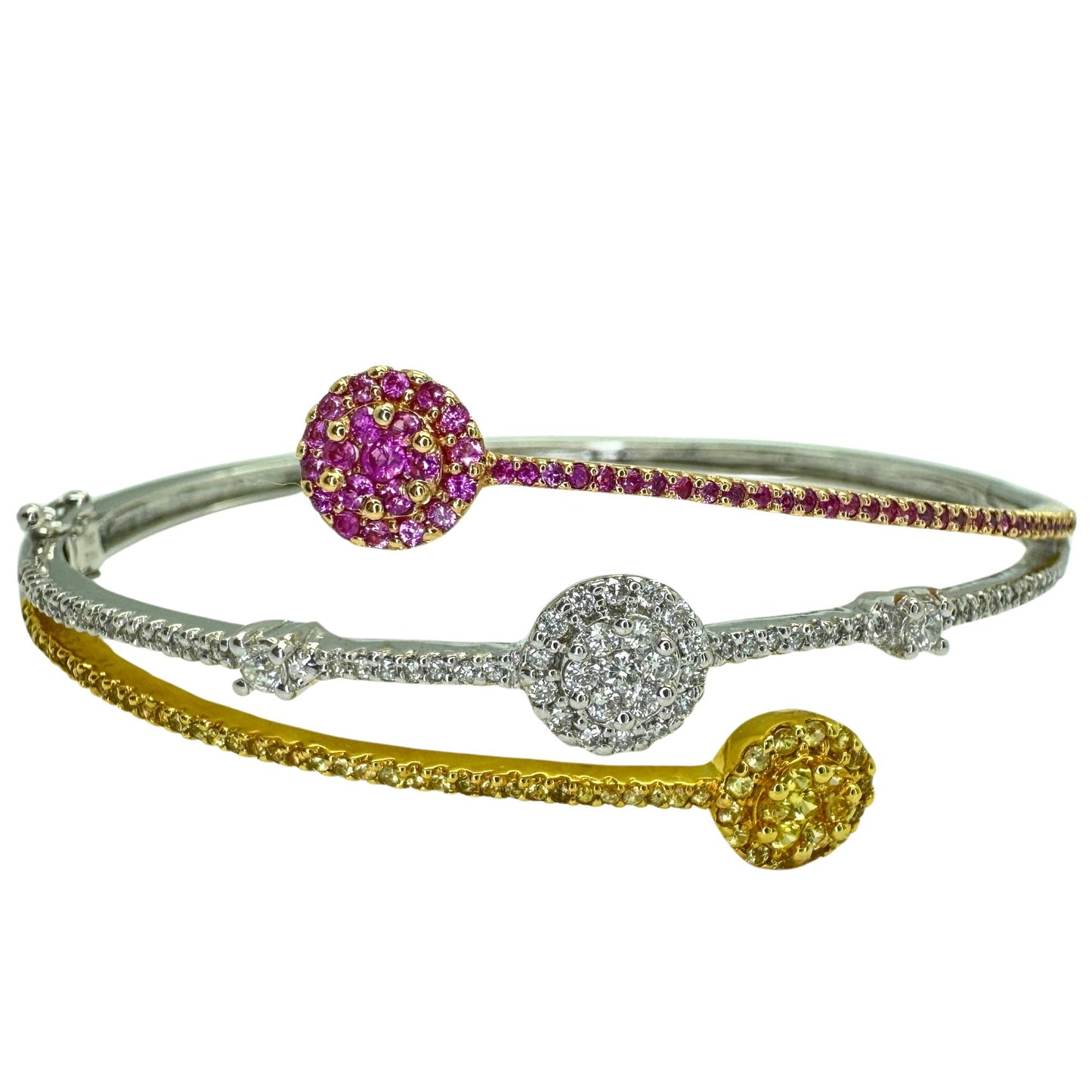 18k Diamond, Pink and Yellow Sapphire Bangle Bracelet.