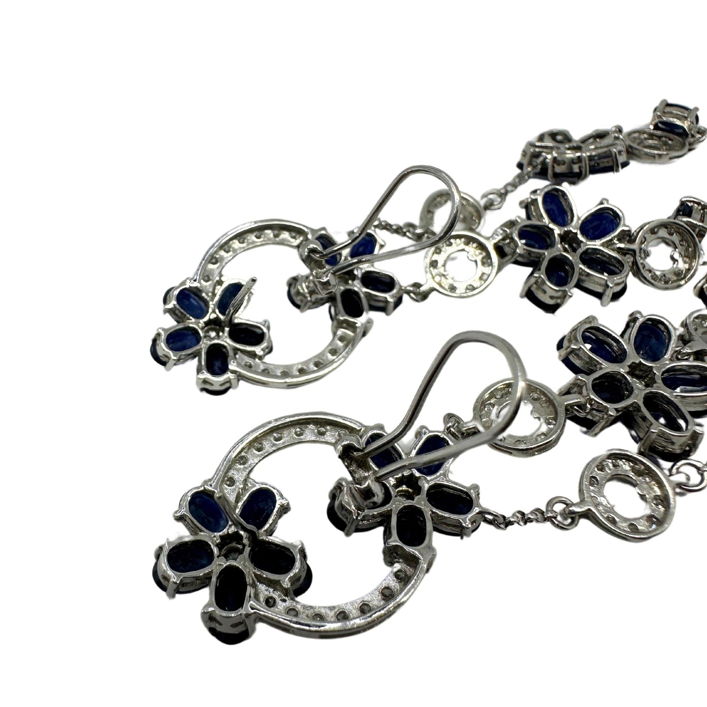 14K White Gold Diamond and Sapphire Flower Drop Earrings