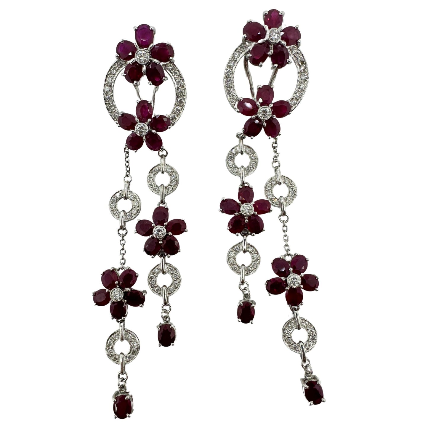 14K White Gold Diamond and Ruby Flower Drop Earrings