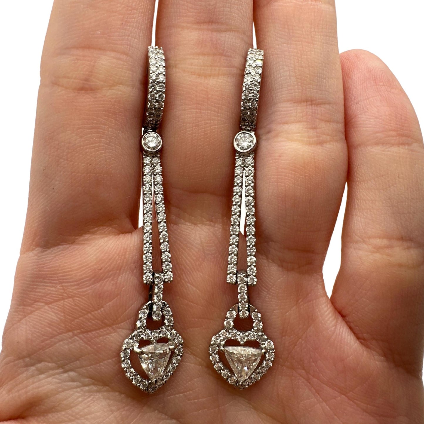 18K White Gold Trillion Cut Diamond Heart Drop Earrings