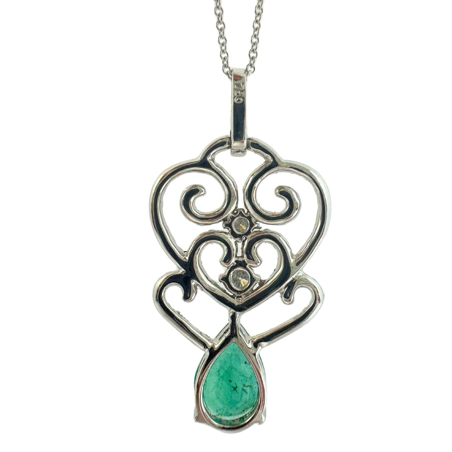 18K White Gold Pear Cut Emerald and Diamond Pendant Necklace