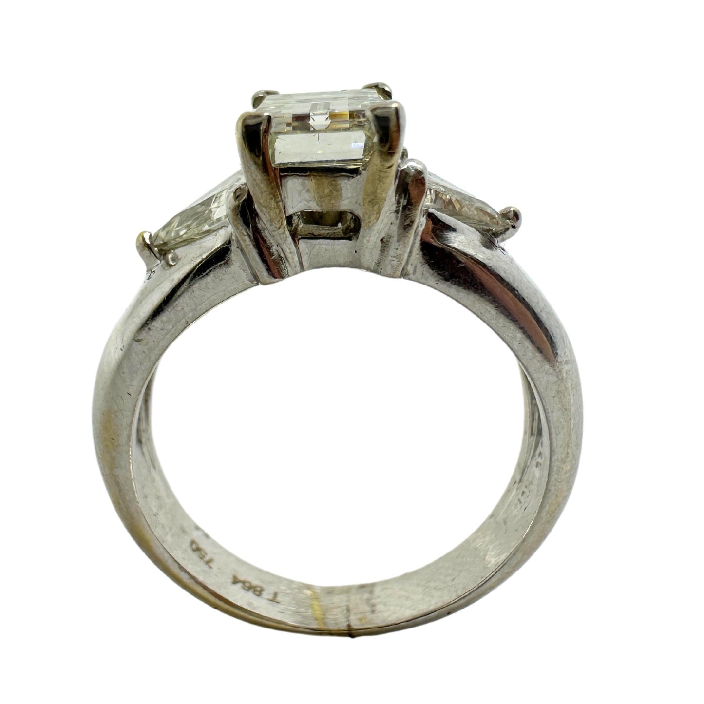 18K White Gold Emerald and Trillion Cut Diamond Three Stone Ring