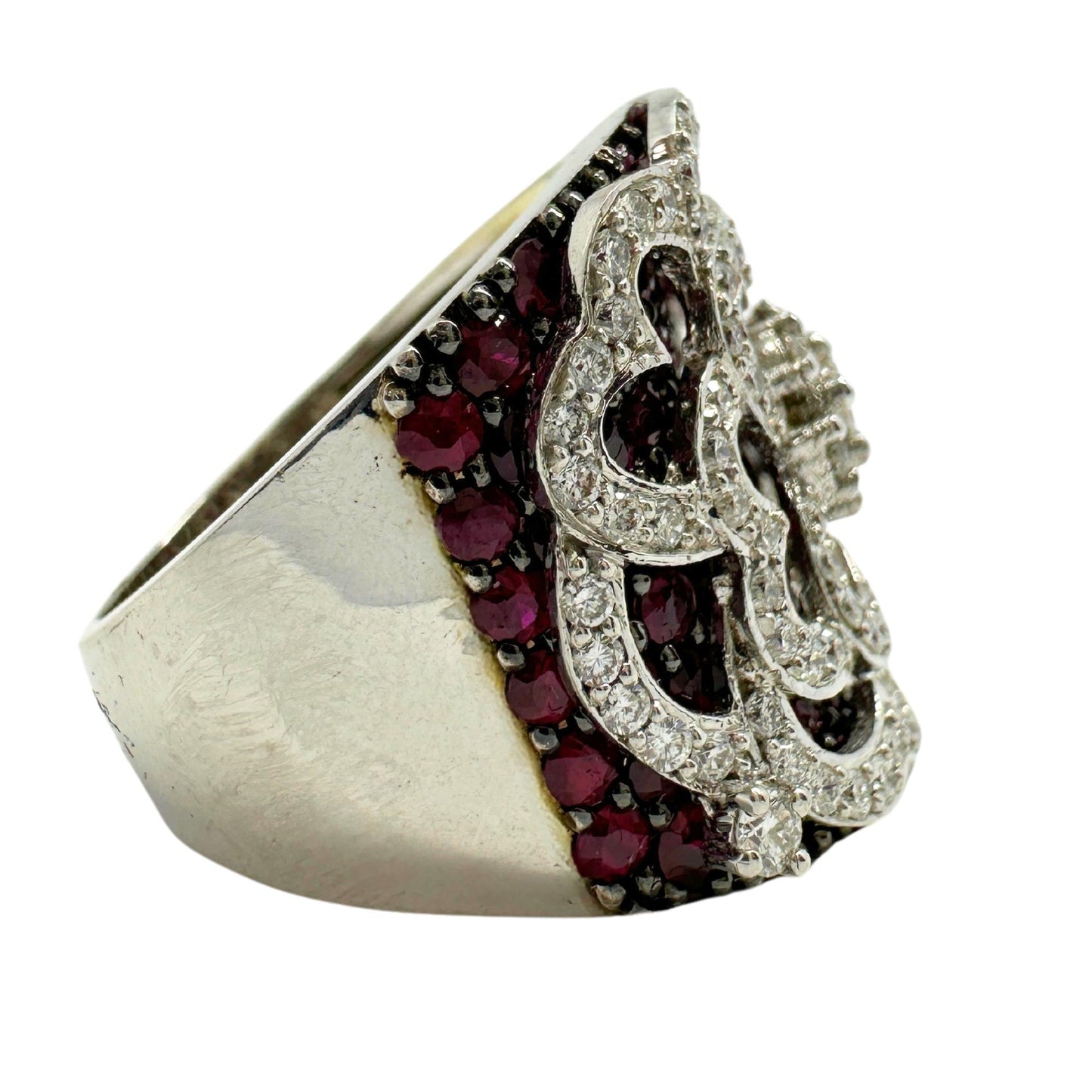 18K White Gold Diamond and Ruby Wide Band Ring