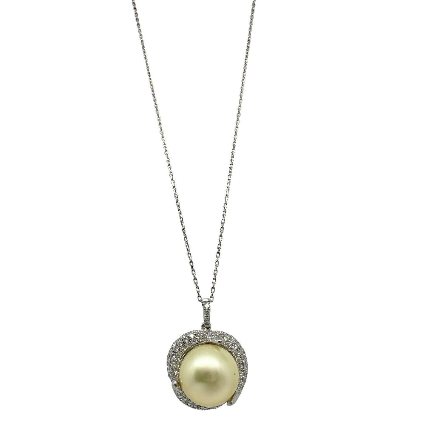 18K White Gold Diamond and Pearl Pendant Necklace