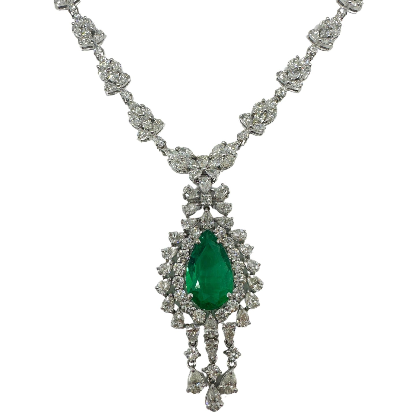 18K White Gold Marquise and Pearl Cut Diamond and Pear Cut Emerald Drop Necklace