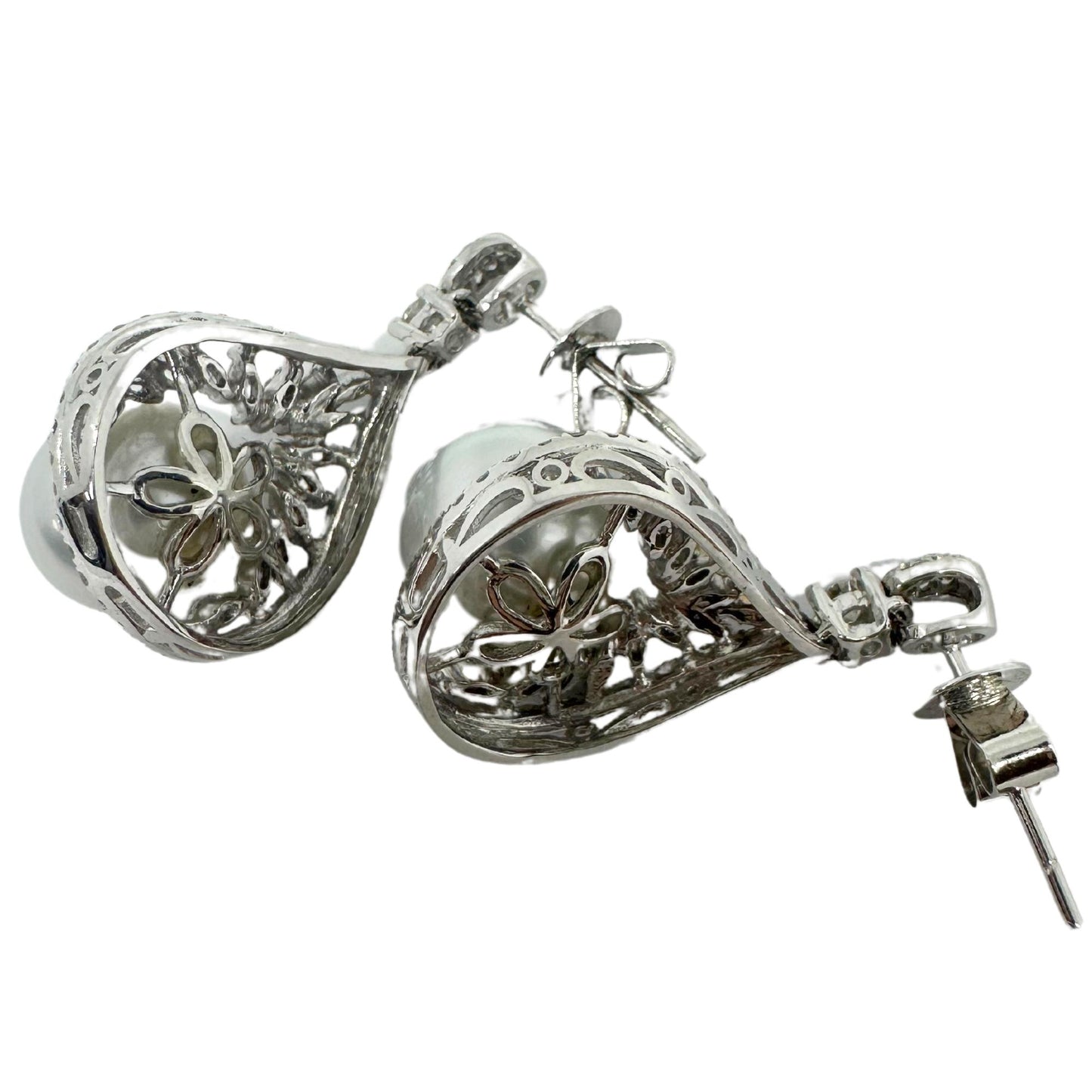 18K White Gold Marquise Cut Diamond and Pearl Earrings
