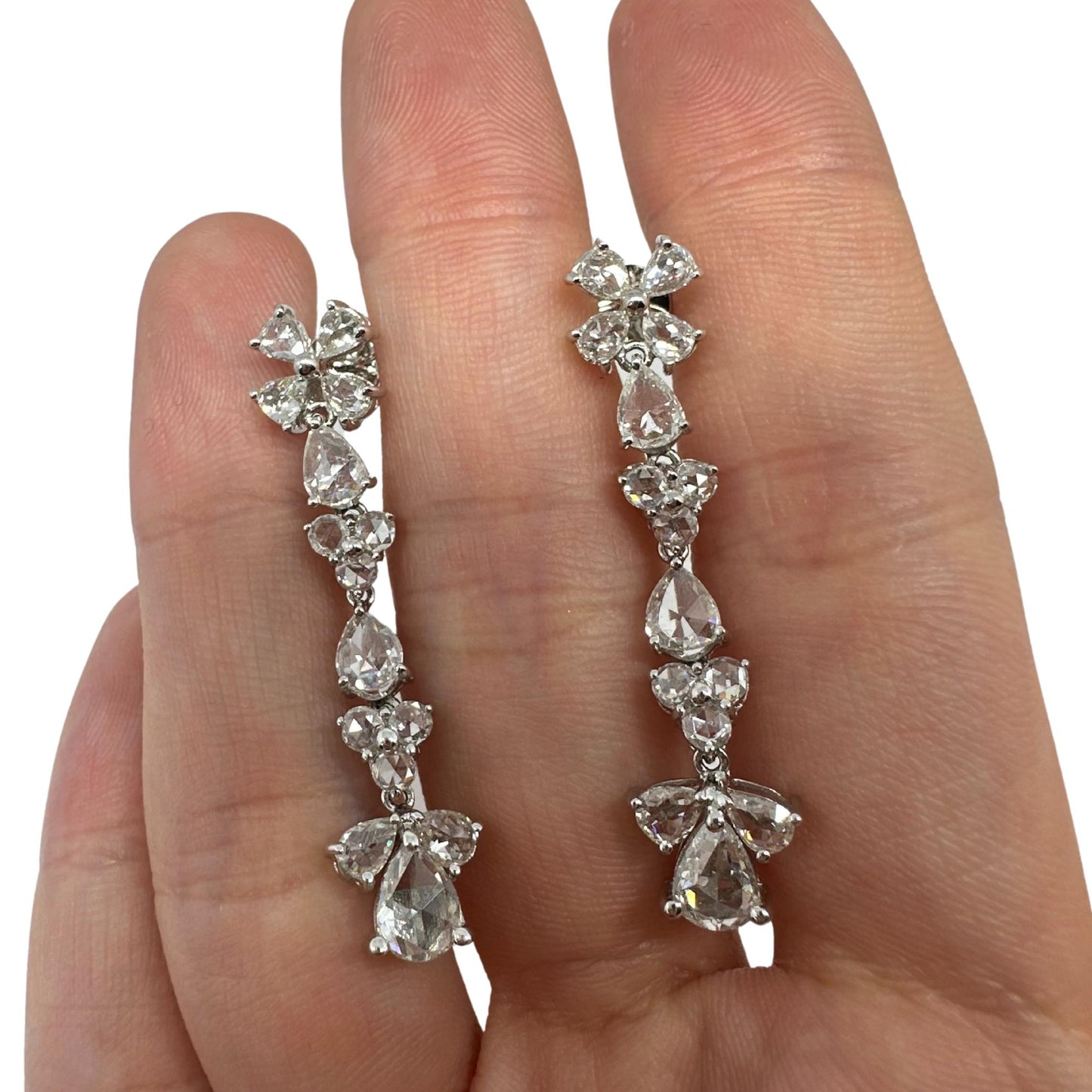 18K White Gold Rose Cut Pear Diamond Drop Earrings