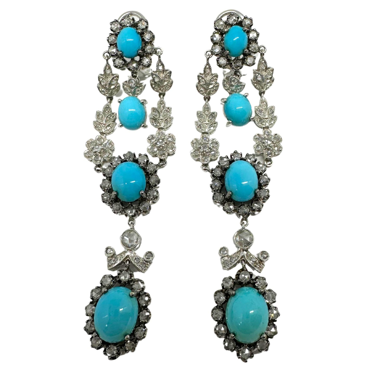 18K White Gold Rose Cut Diamond and Persian Turquoise Drop Earrings