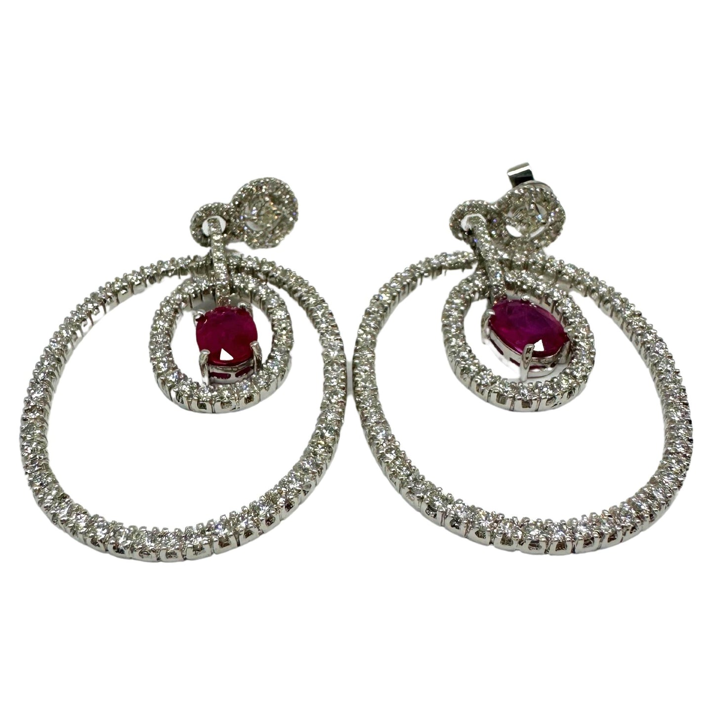 18K White Gold Diamond and Oval Ruby Drop Earrings