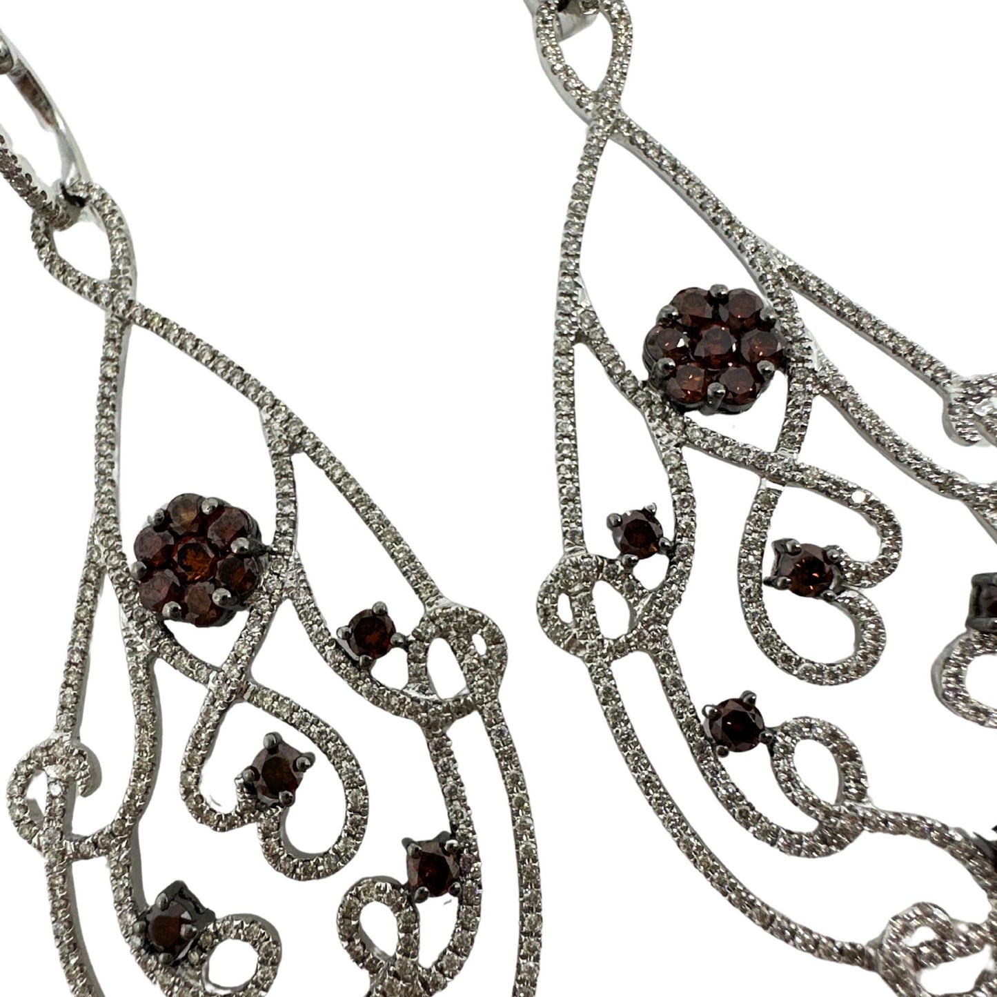 18K White Gold Brown and White Diamond Flower Drop Earrings