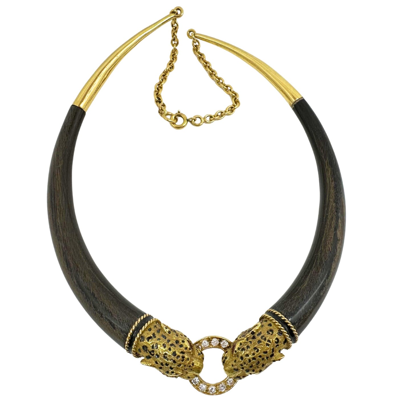 1960's French 18K Yellow Gold, Wood, Enamel, Ruby and Diamond Leopard Necklace