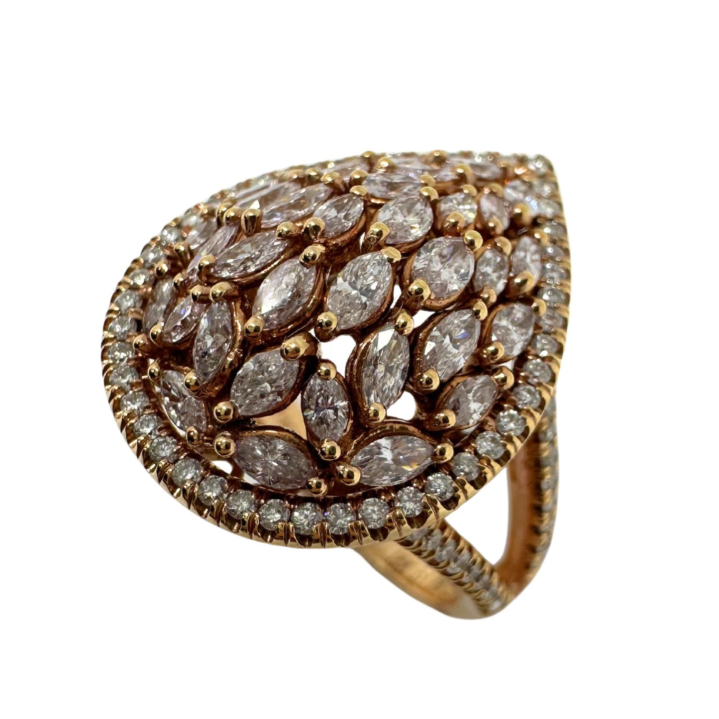 18K Rose Gold Marquise Cut Pink and White Diamond Tear Drop Dome Ring