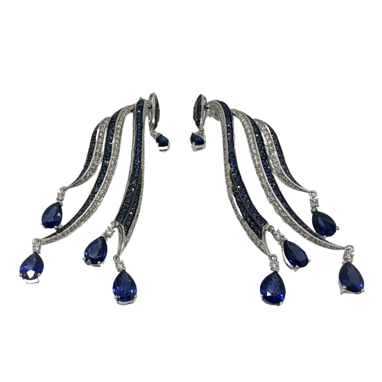 18K White Gold Diamond and Pear Cut Sapphire Flowing Casade Earrings