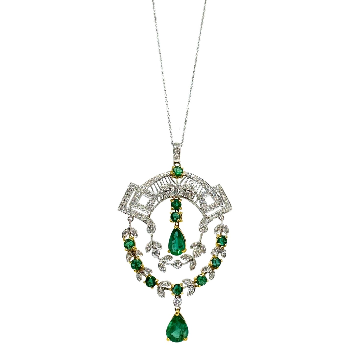 18K Two Tone Diamond and Emerald Pendant Necklace