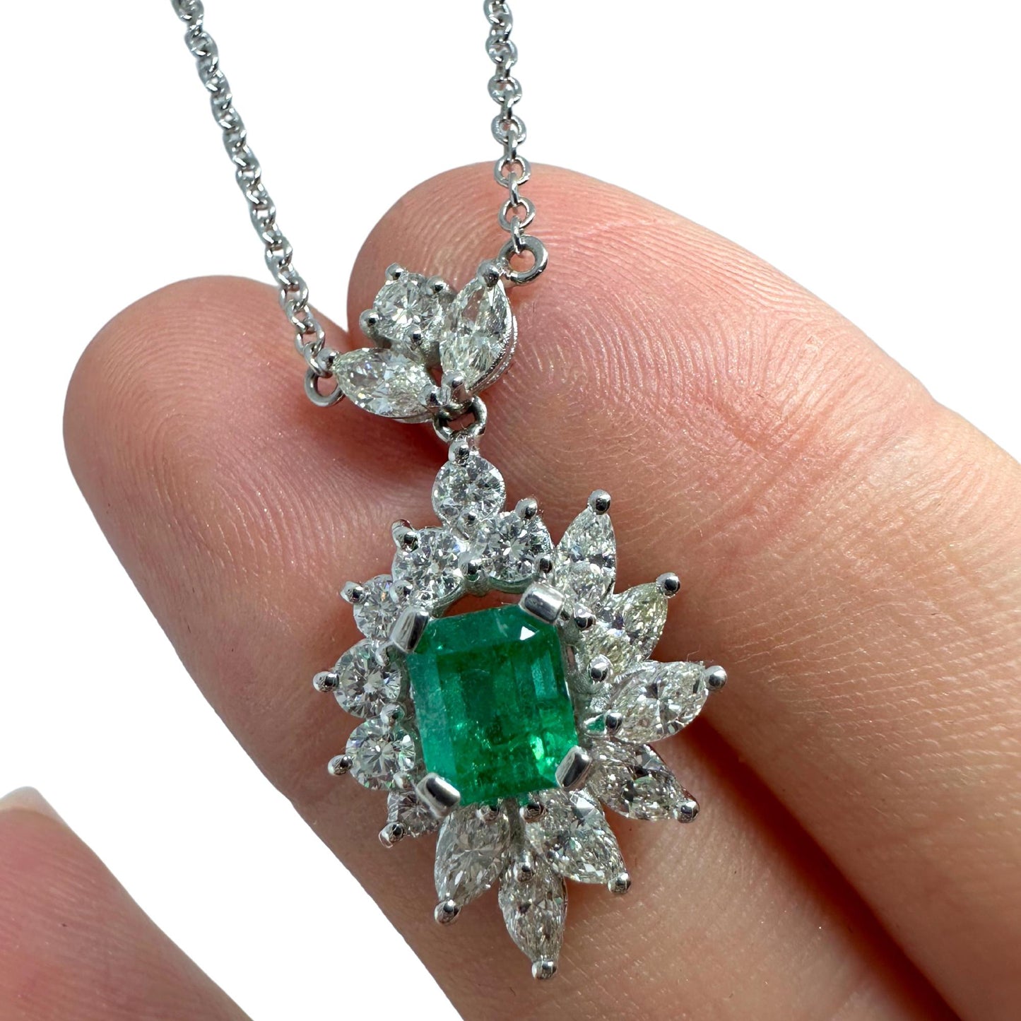 18K White Gold Diamond and Marquise Cut Emerald Pendant Necklace