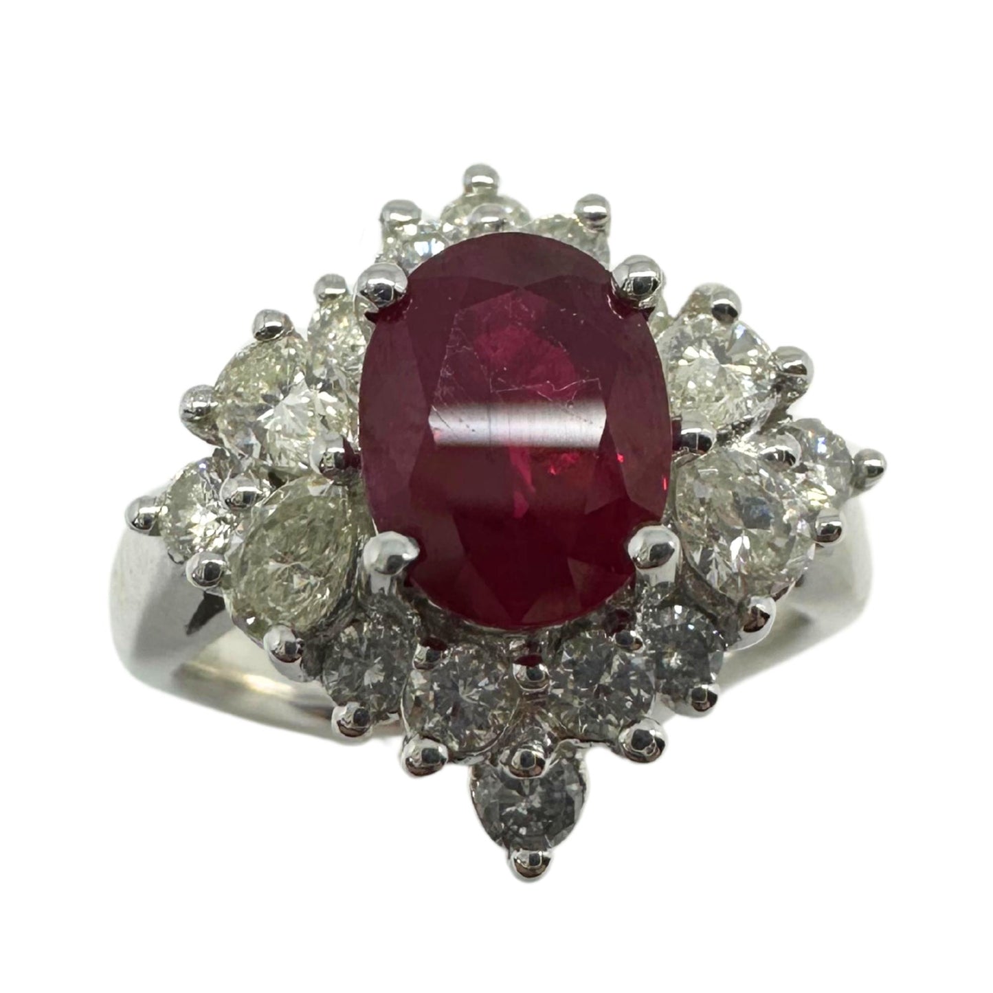 18K White Gold Pear Cut Diamond and Ruby Ring
