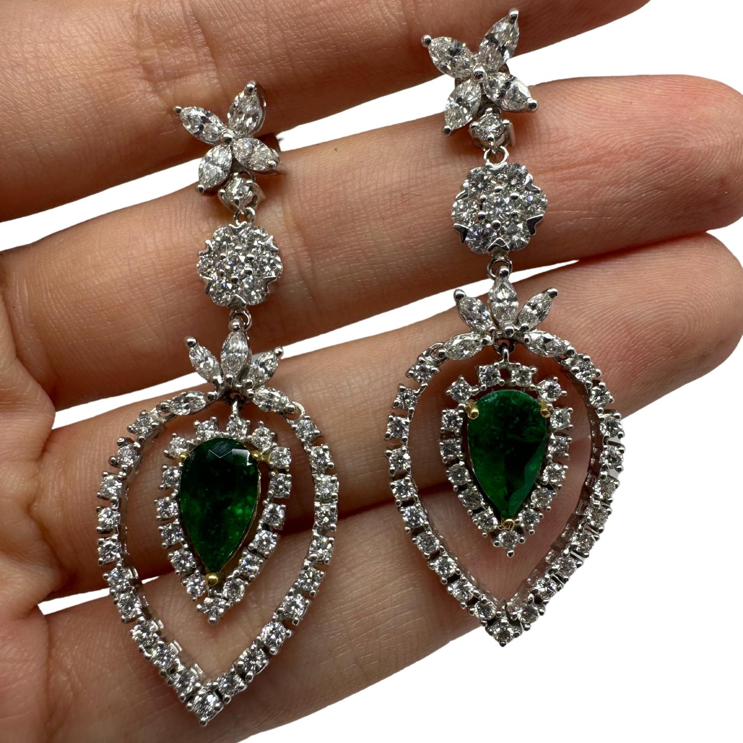 18K Two Tone Diamond and Pear Cut Emerald Drop Earrings