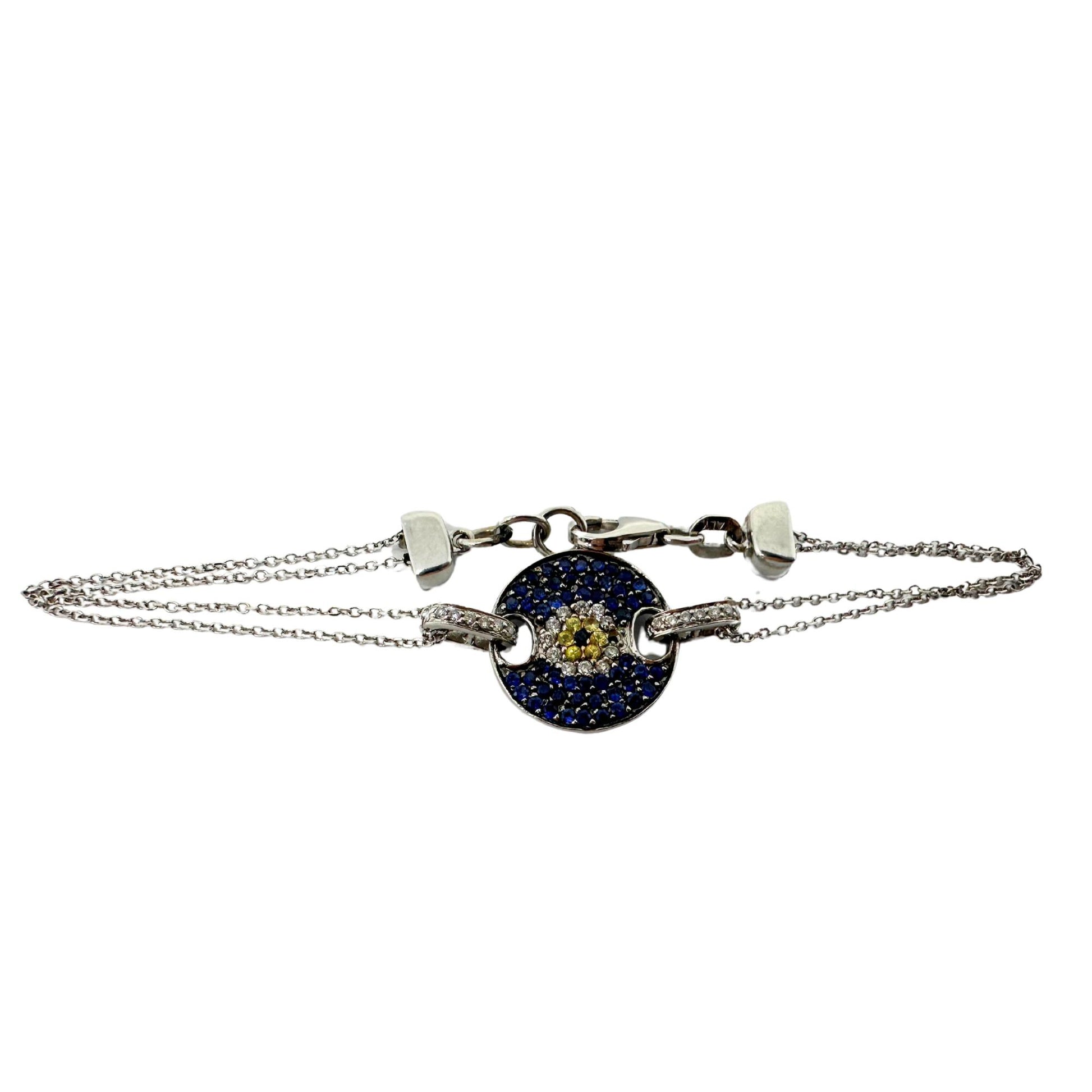 14K White Gold Diamond, Blue and Yellow Sapphire Evil Eye Bracelet