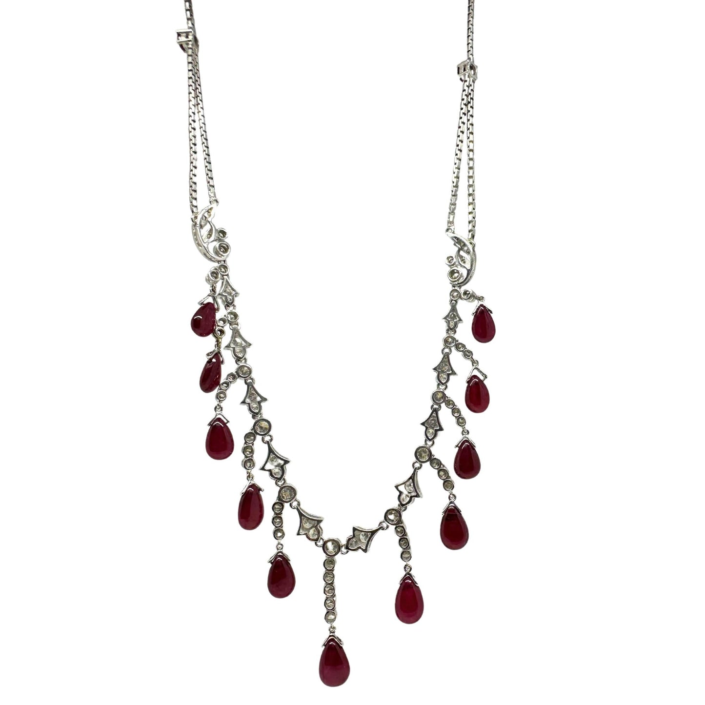 18K White Gold Diamond and Cabochon Ruby Necklace