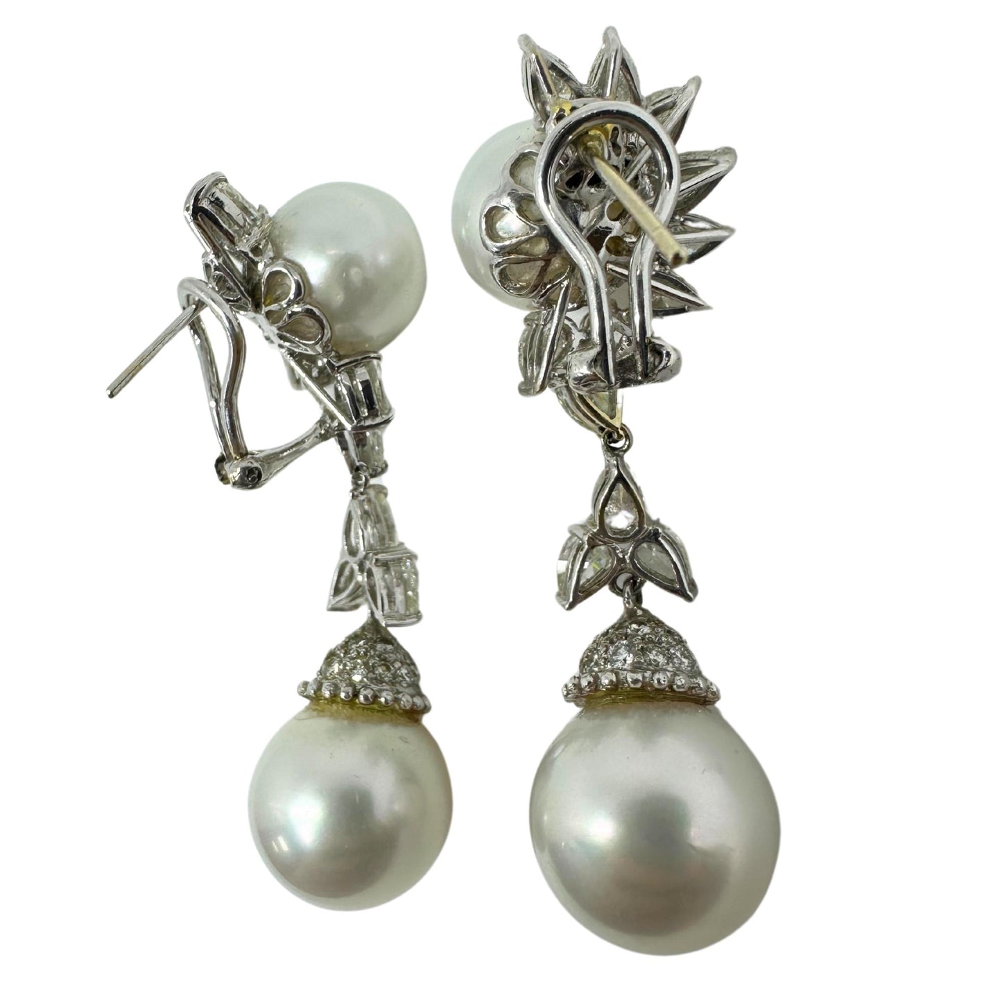 18K White Gold Pear Cut Diamond and Pearl Sunburst Drop Earrings