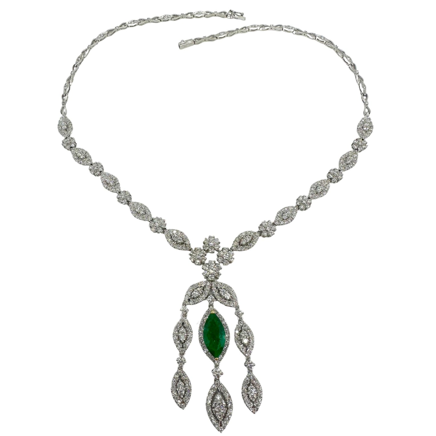 18K White Gold Diamond and Marquise Cut Emerald Drop Necklace