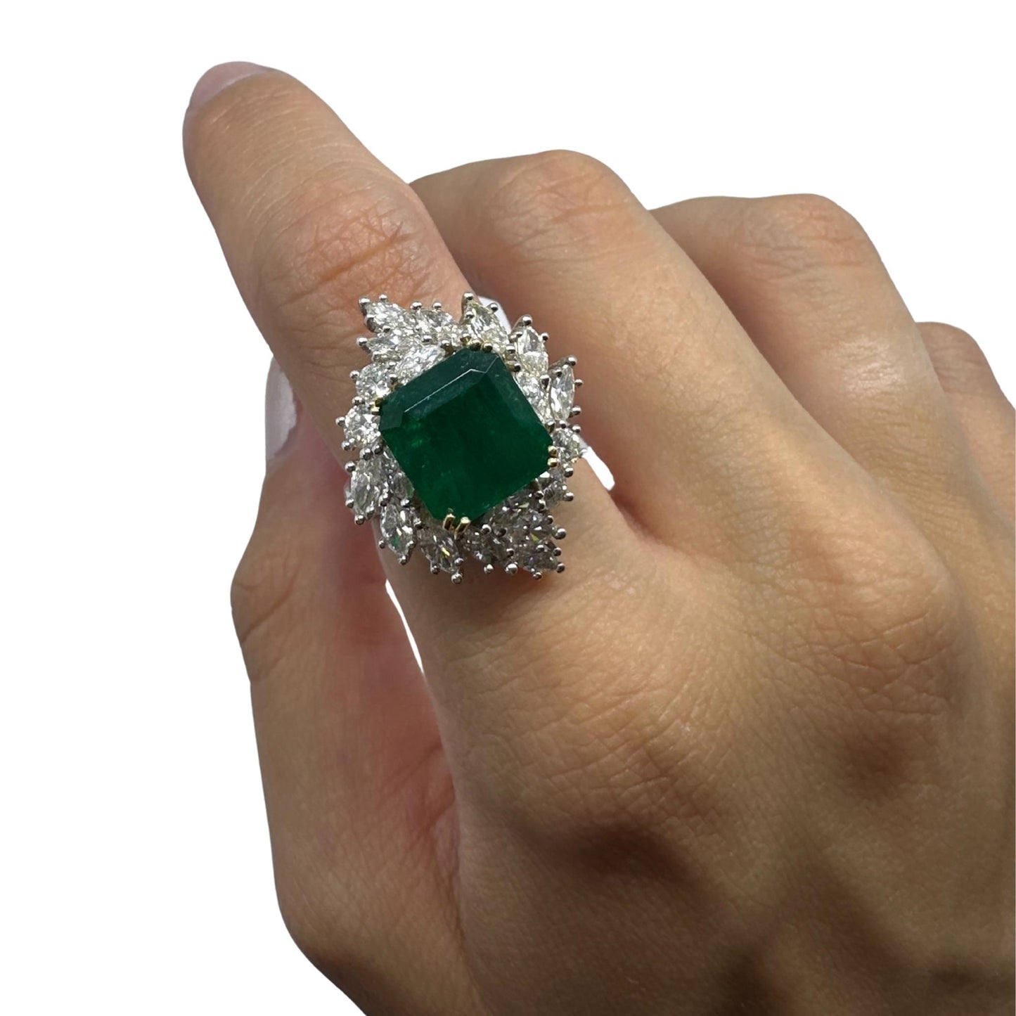 18k Two Tone Marquise Cut Diamond and Emerald Ring