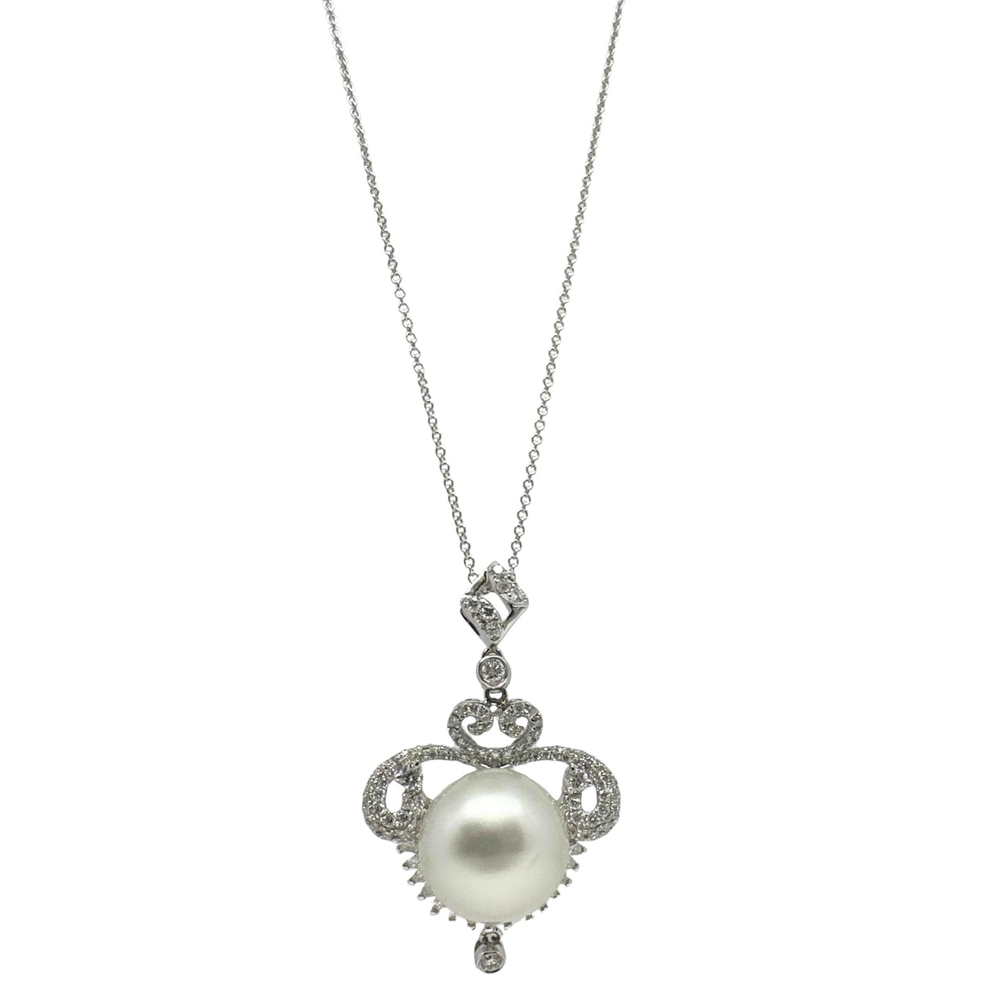 Edwardian-Inspired 18K White Gold Diamond Pearl Pendant Necklace 0.93ct