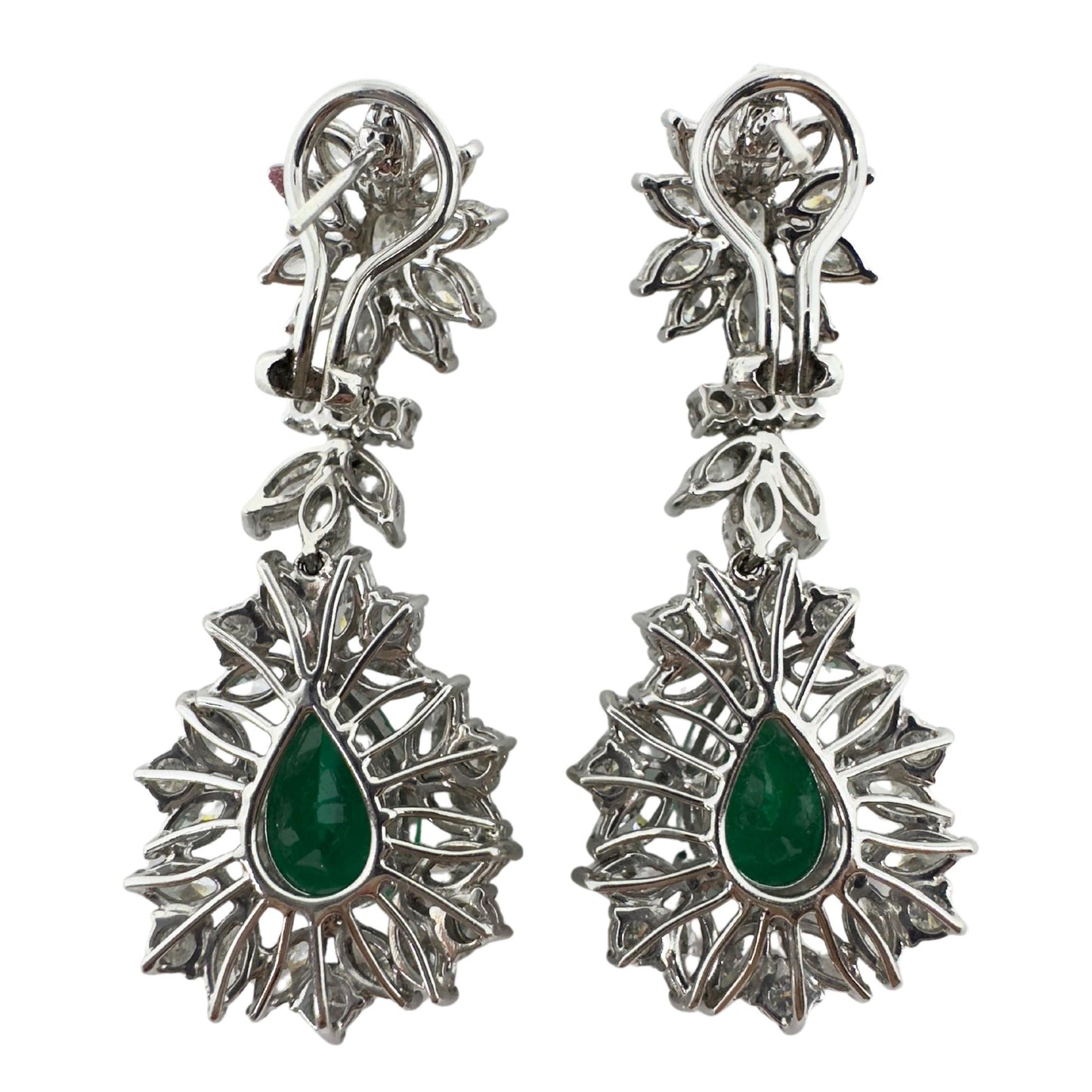 18K White Gold Marquise Cut Diamond and Pear Cut Emerald Drop Earrings