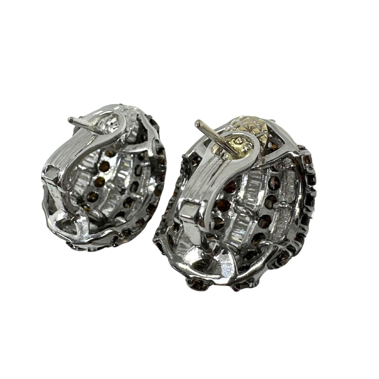 18K White Gold 9.31 Carat Tapered Baguette Cut White and Brown Diamond Earrings