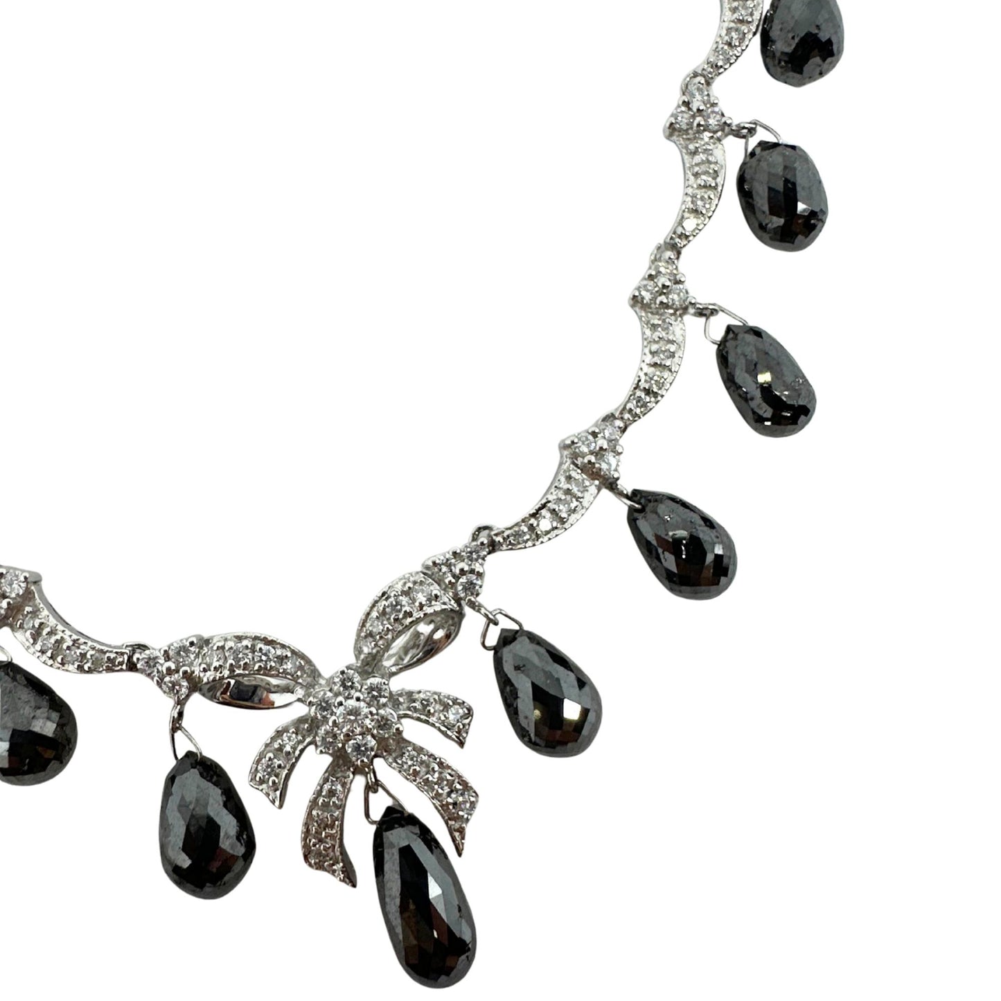 18K White Gold White Diamond and Briolette Black Diamond Bow Necklace