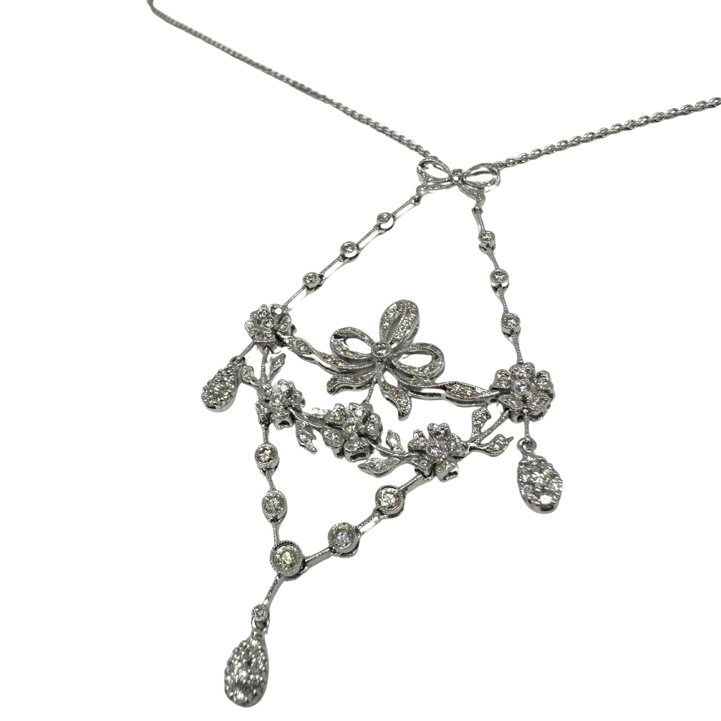 18K White Gold Diamond Bow and Floral Necklace