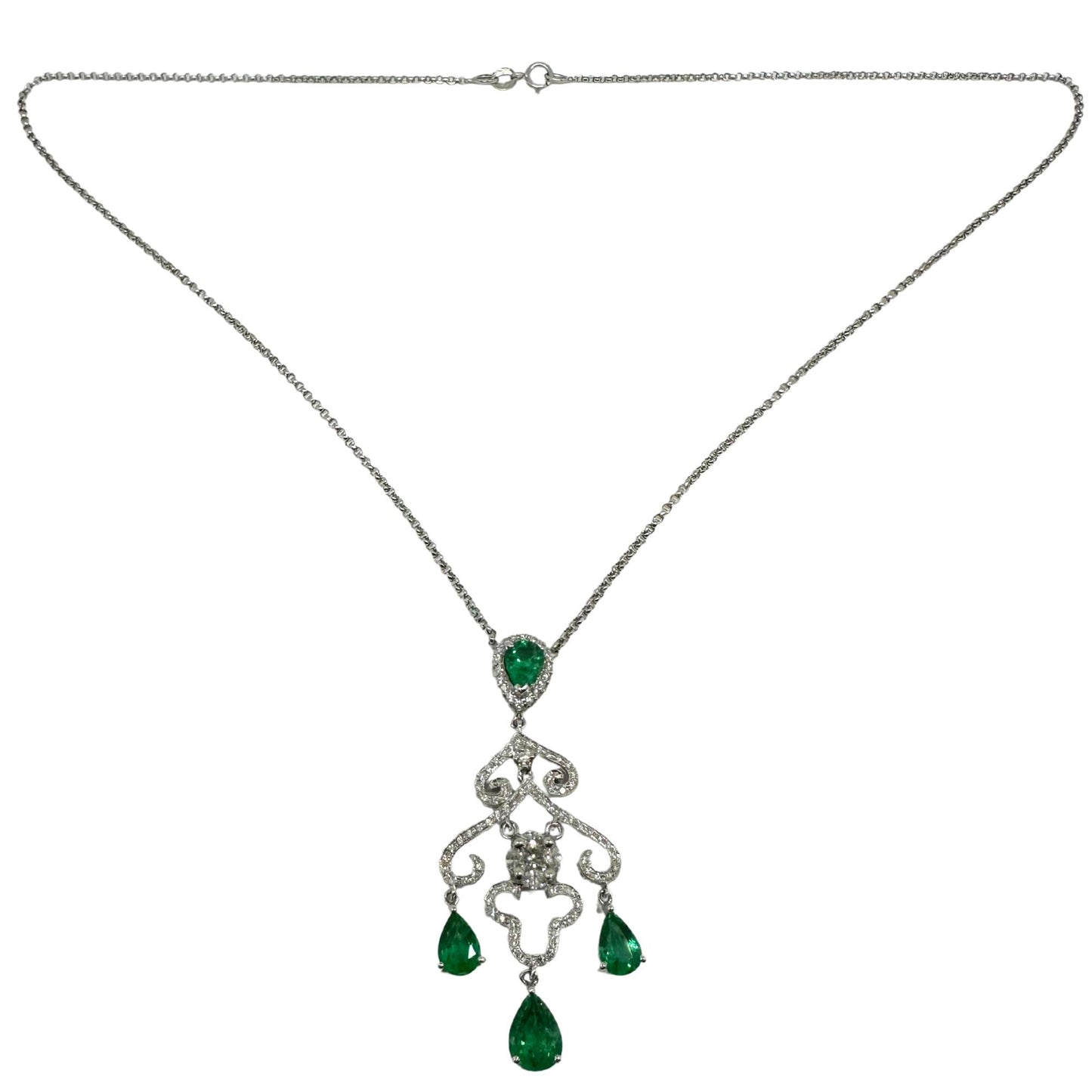 18K White Gold Diamond and Emerald Pendant Necklace