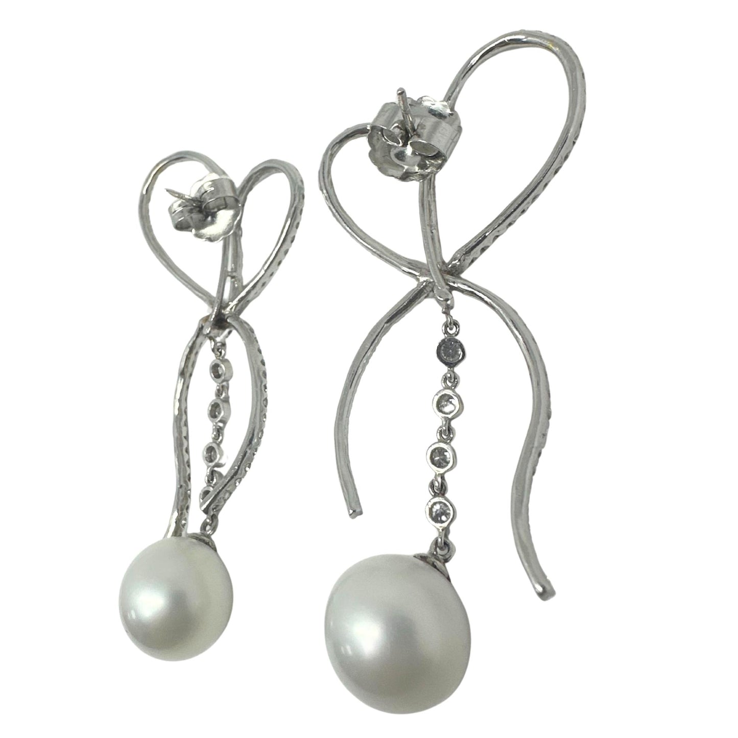 18K White Gold Diamond and Pearl Bow Earrings