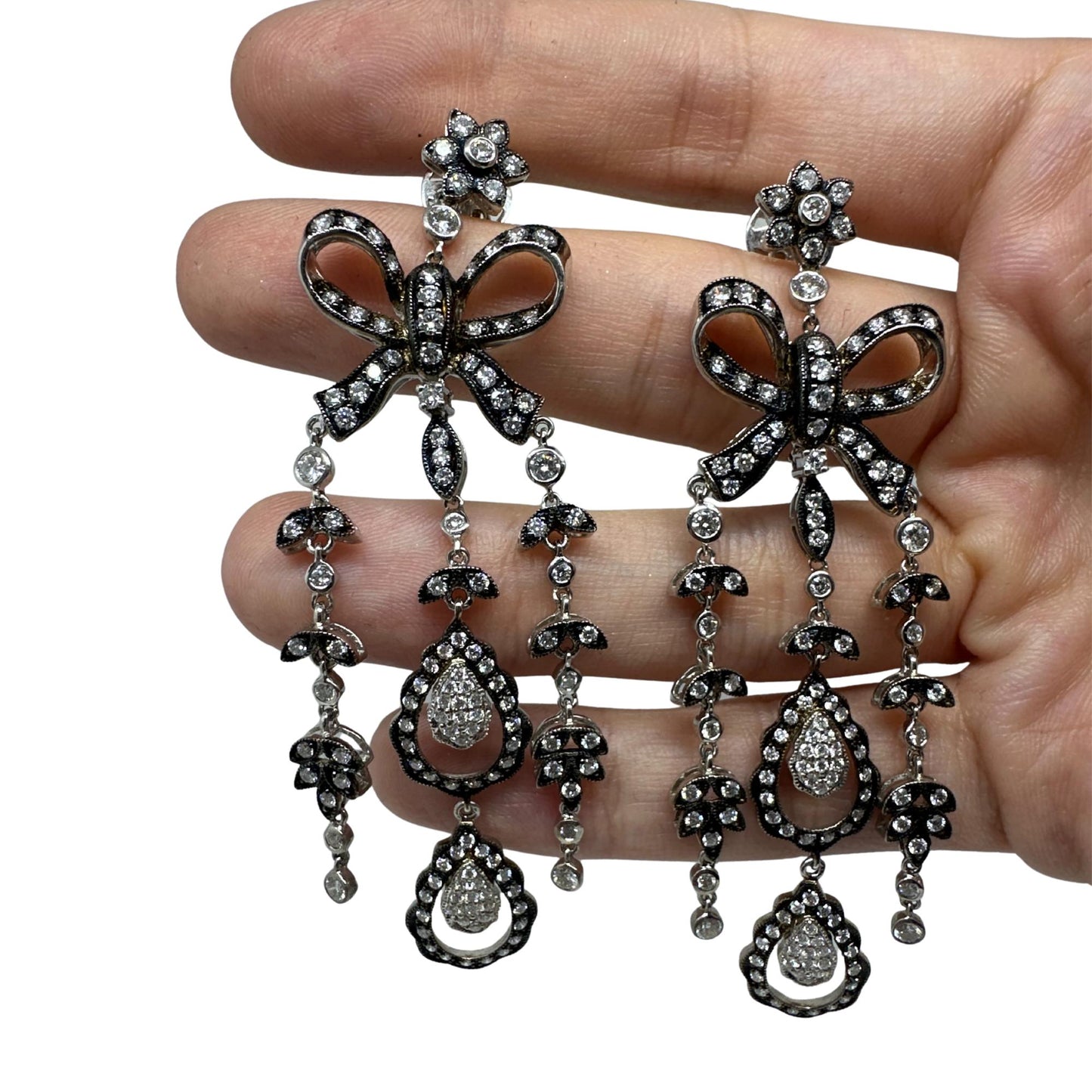 18K White Gold and Silver Top Rose Cut Diamond Drop Earrings