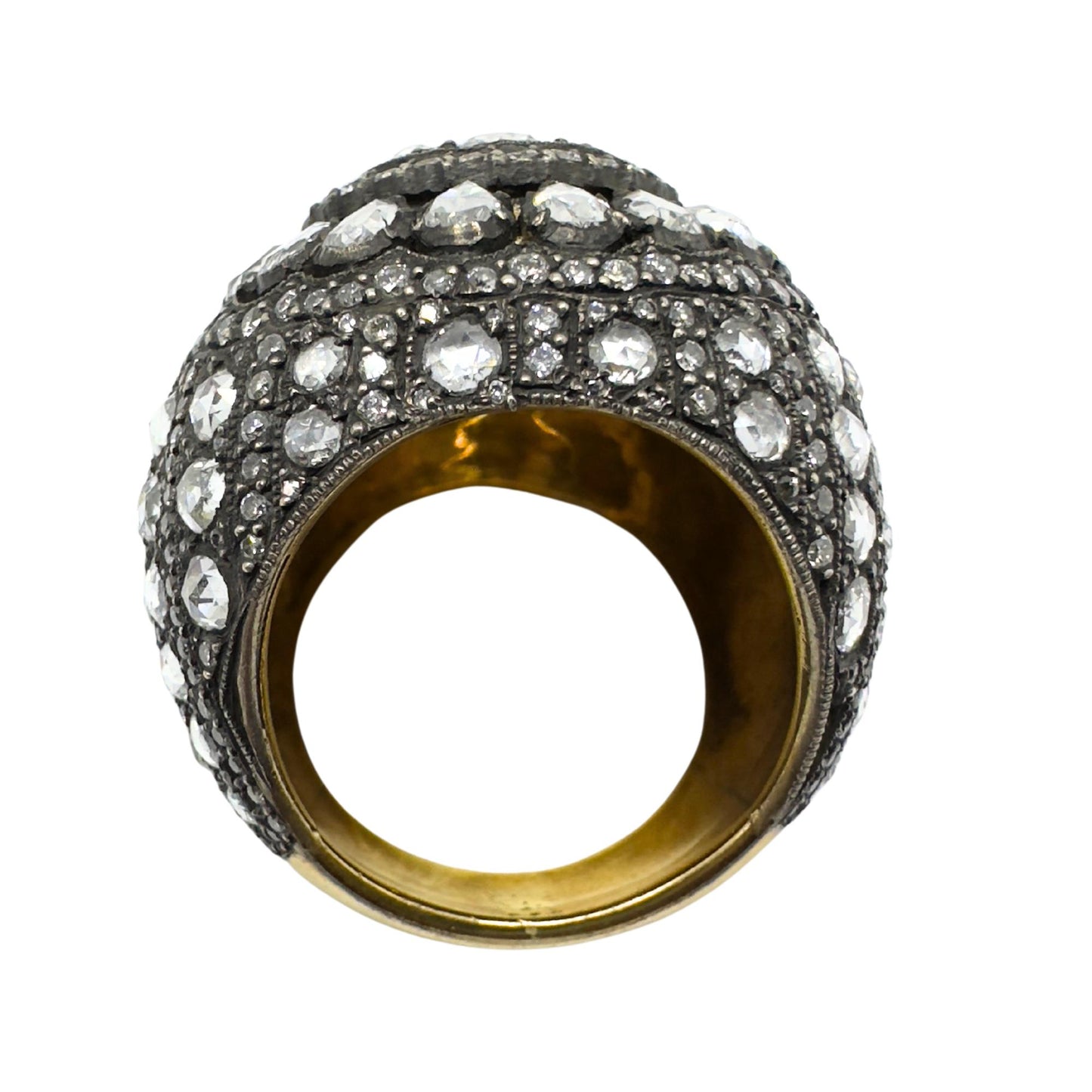 Bold and Heavy 18K Yellow Gold and Silver Top Rose Cut Diamond Cocktail Ring