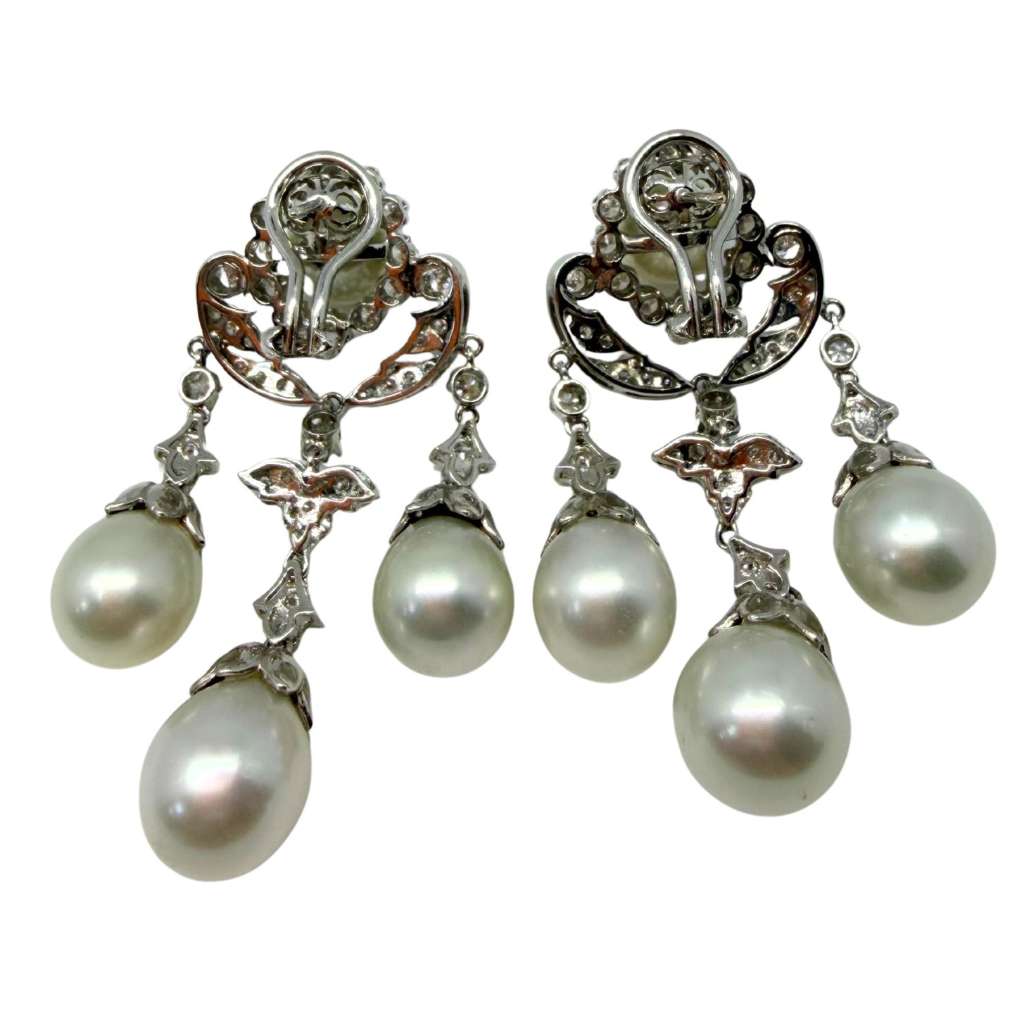 18K White Gold Edwardian Inspired Diamond and Pearl Chandelier Earrings