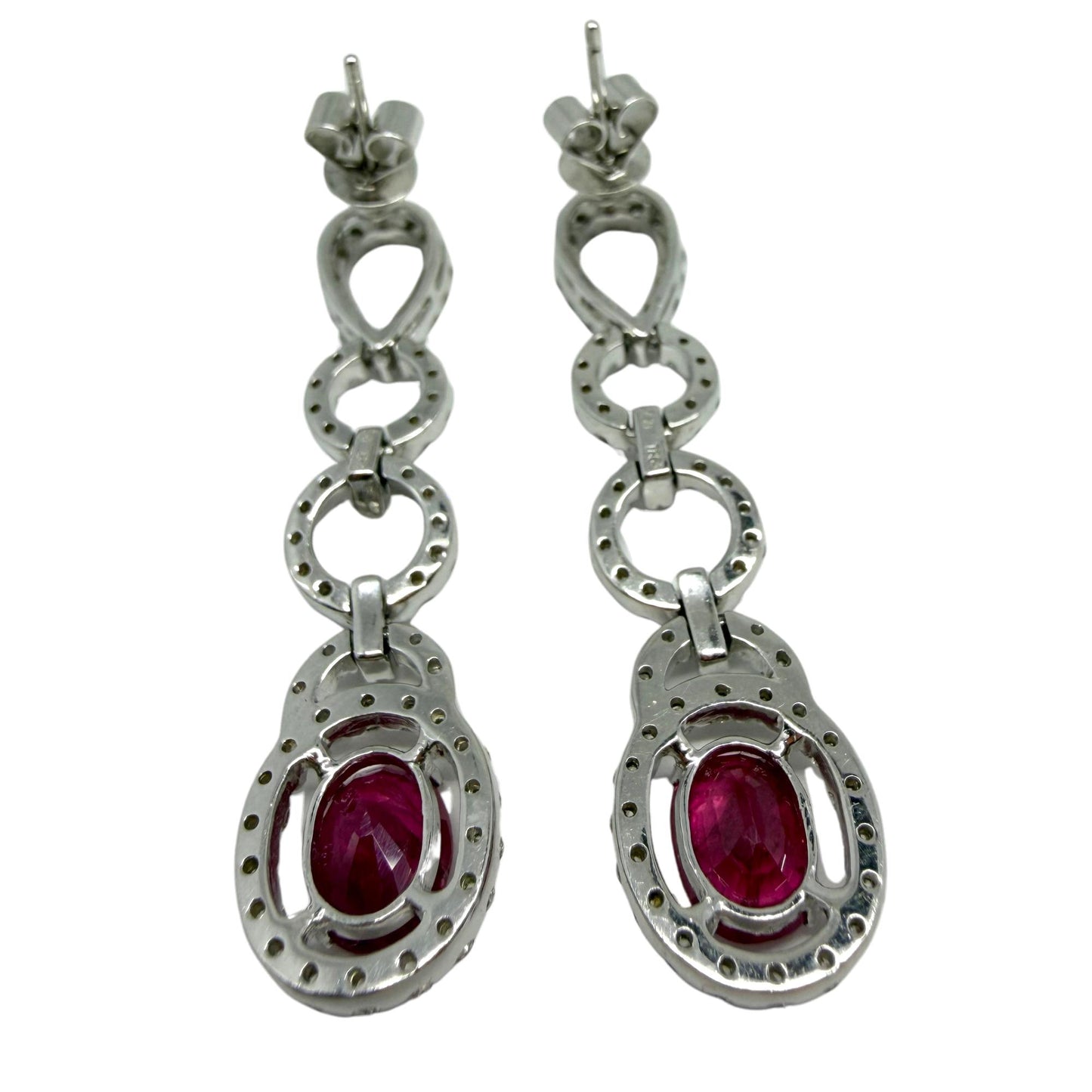 18K White Gold 3.44 Carat Oval Ruby and Diamond Drop Earrings