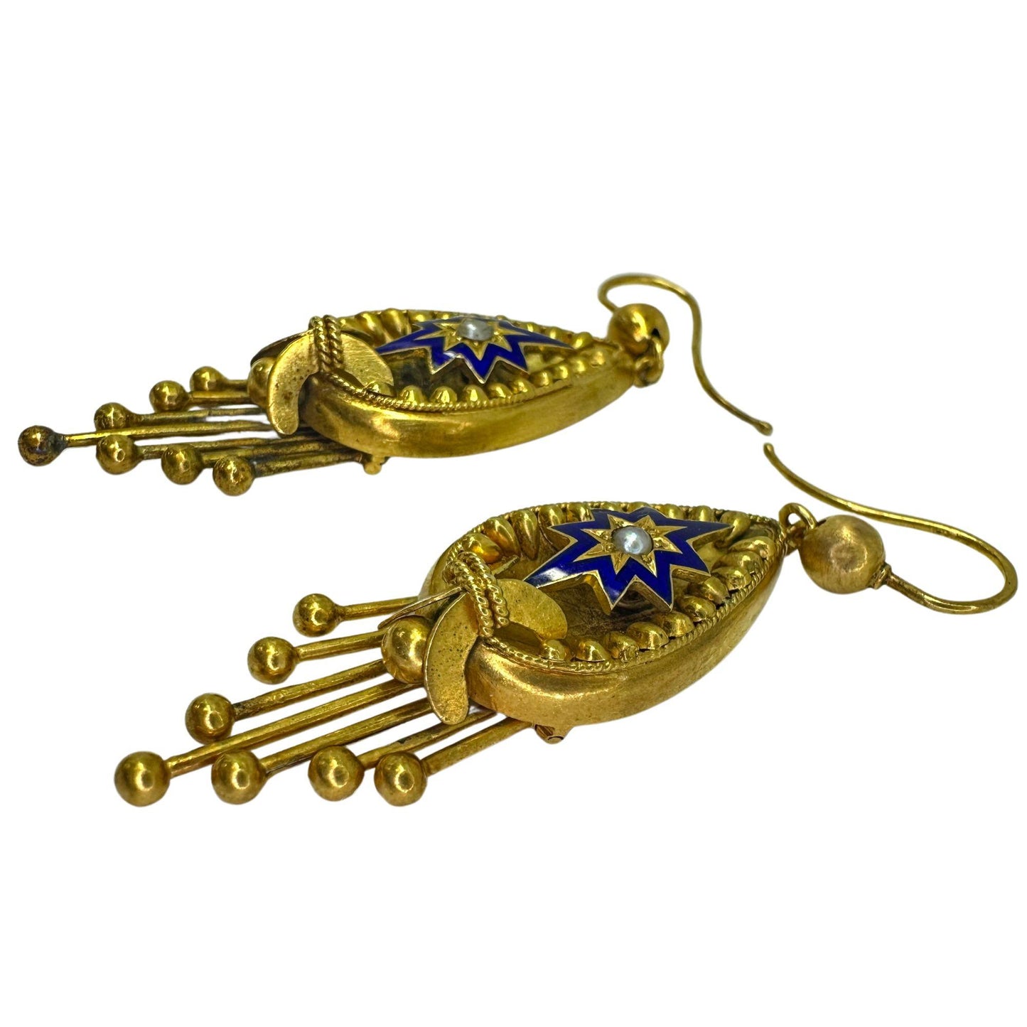 14k Victorian Pearl and Enamel Drop Earrings
