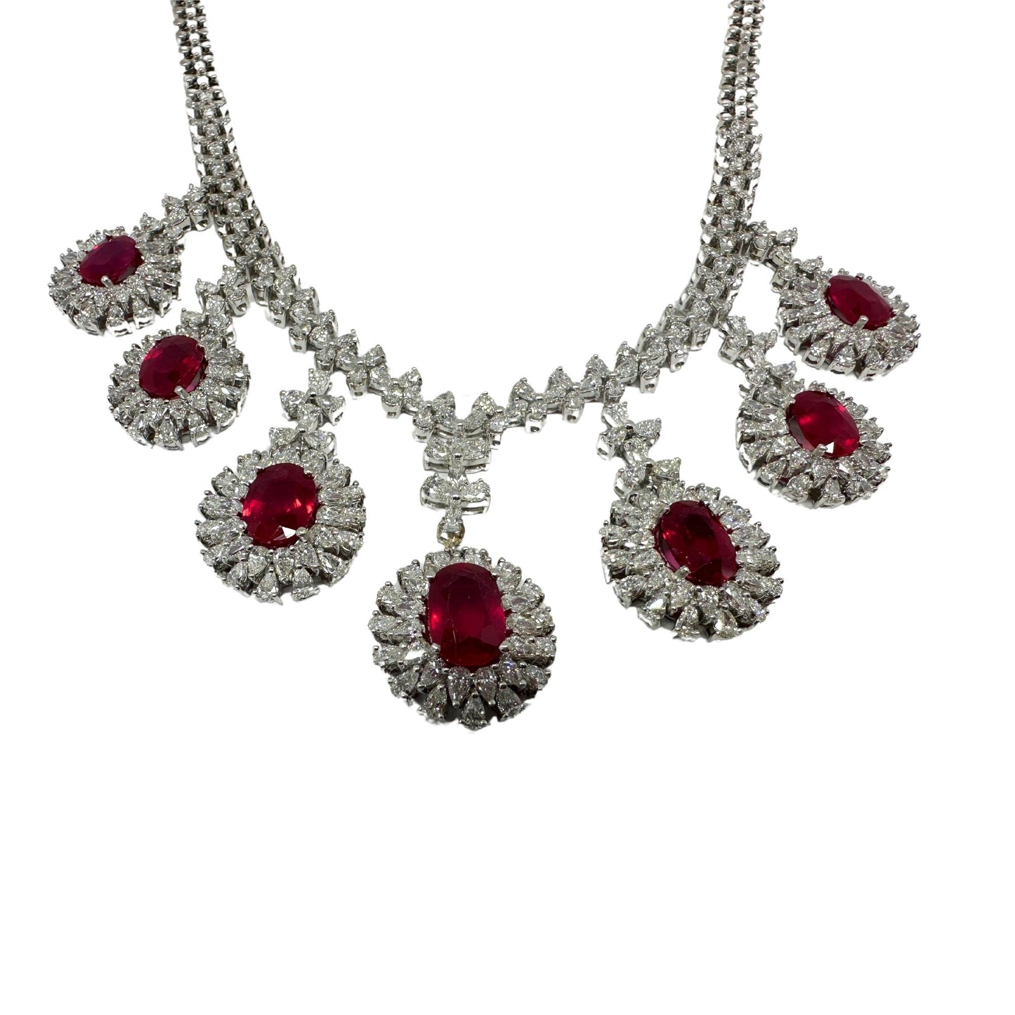 18K White Gold Pear Cut Diamond and African Ruby Necklace