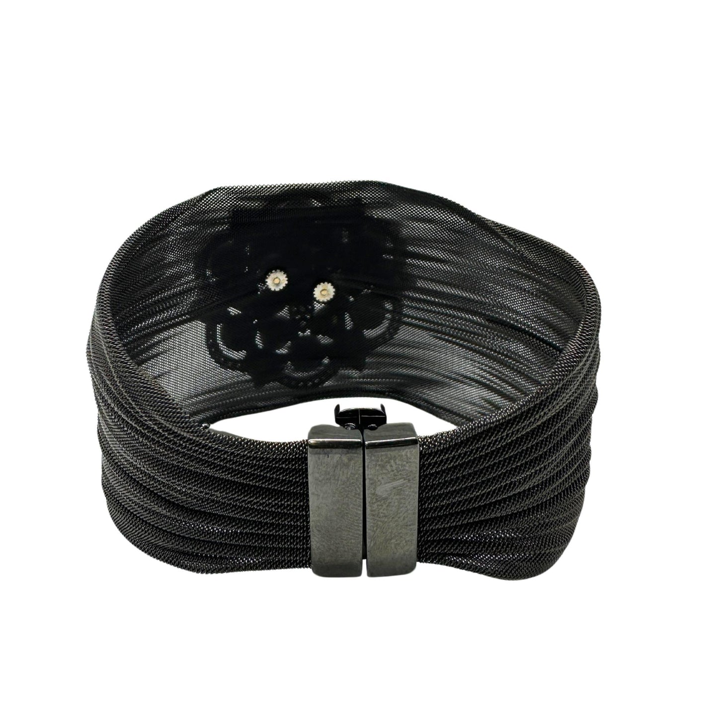 14K, Silver and Blackened Steel Mesh Rose Cut Diamond Bracelet