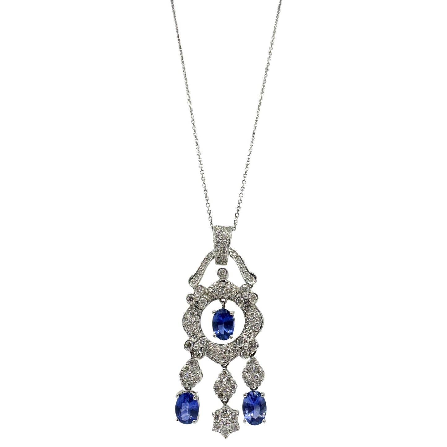 18K White Gold Diamond and Sapphire Pendant Necklace